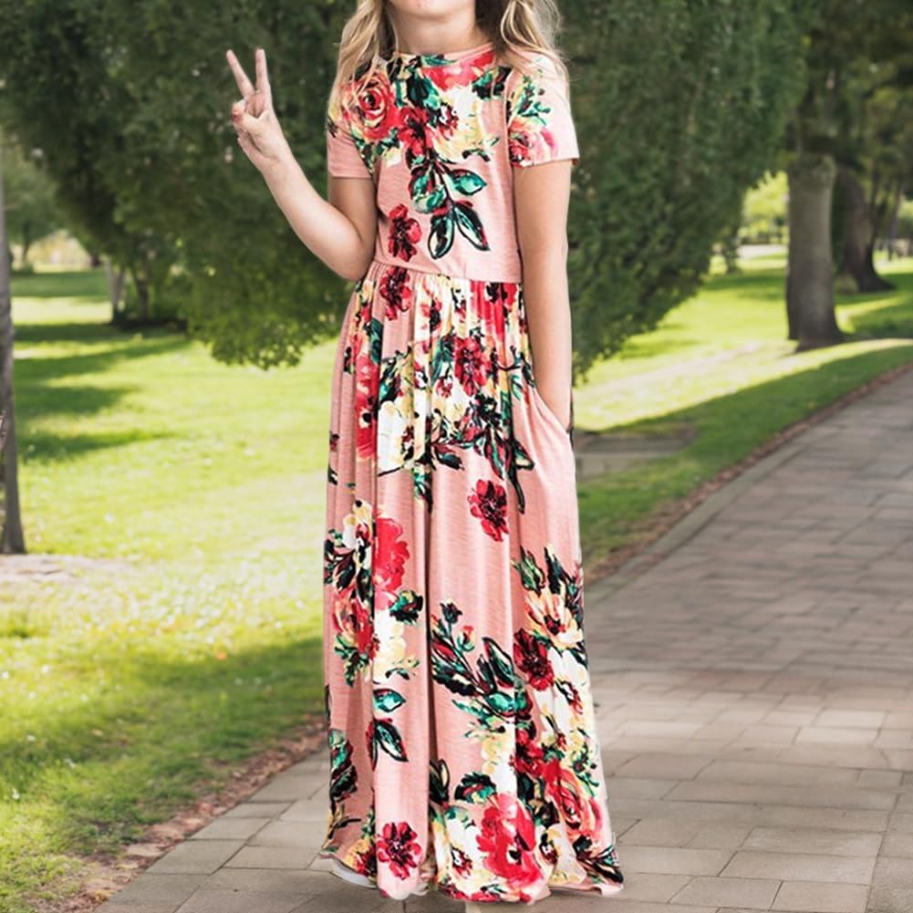 Floral Maxi Dress for Girls - Short Sleeve Summer Dress with Pockets | Flower Printed Long Dress for Holidays, Beach, Parties & Casual Wear