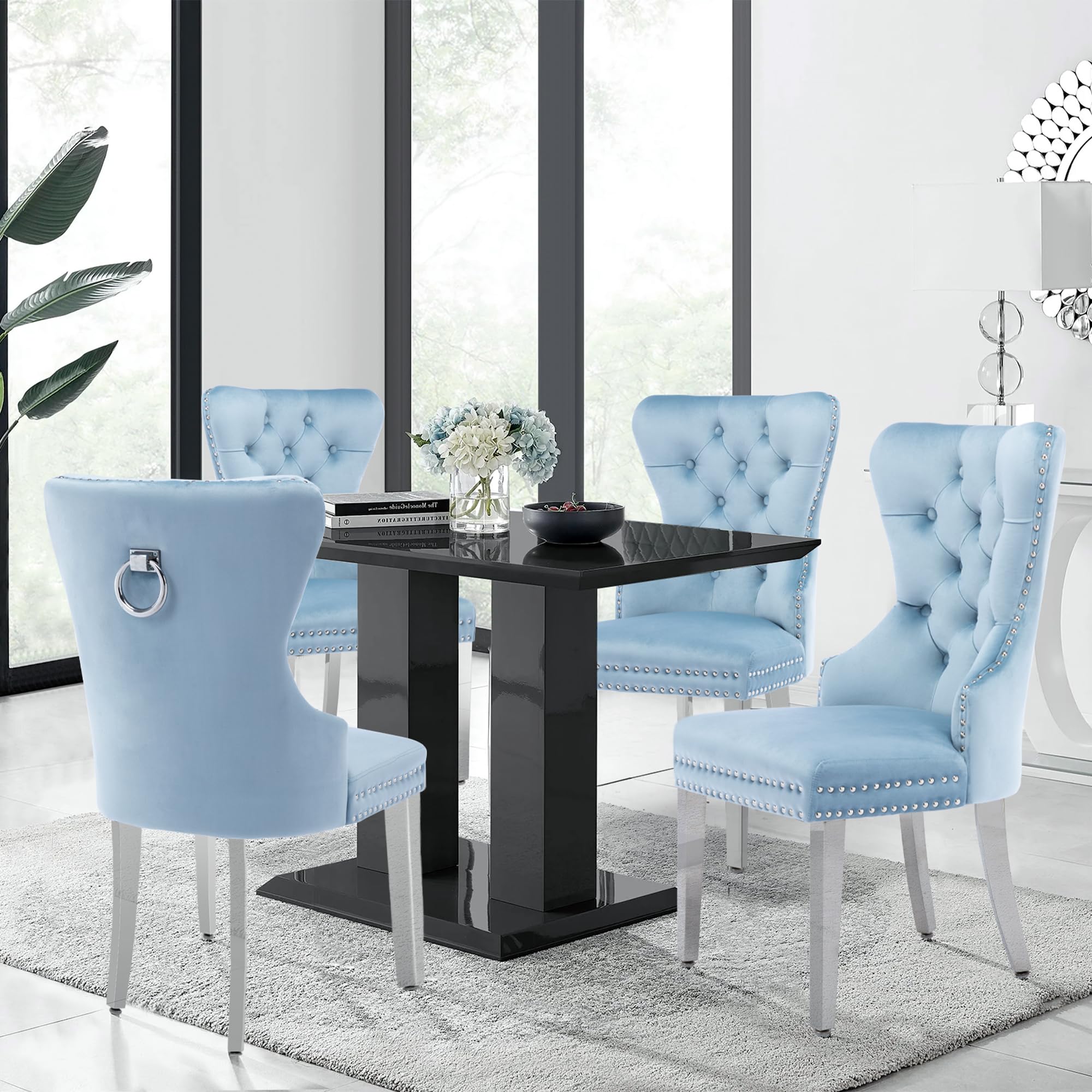 Luxury Velvet Dining Chairs Set of 2 - Tufted Upholstered Dining Room Chairs with Stainless Steel Legs & Ring Pull Details, Navy Blue - Perfect for Modern Dining Room, Kitchen Breakfast Nook & Home Office Decor