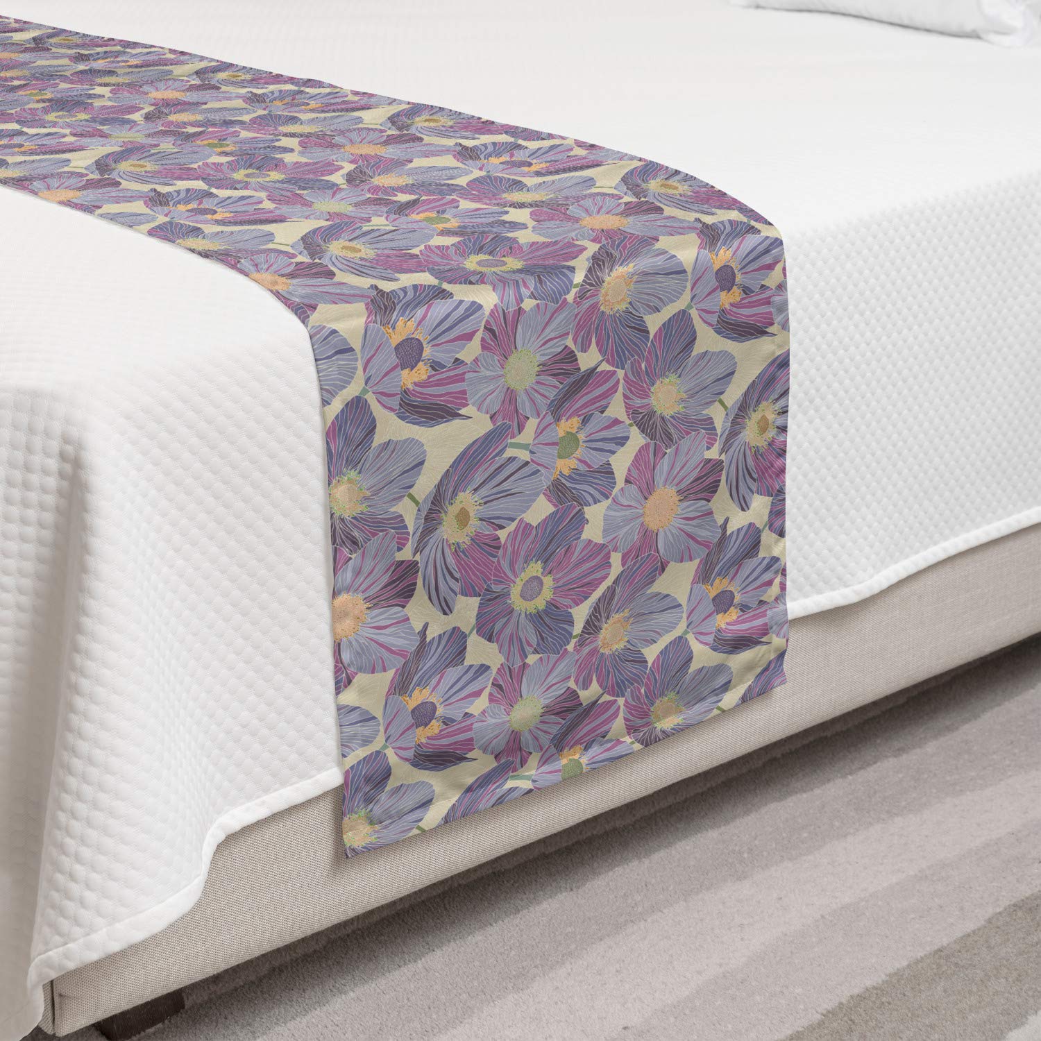 Ambesonne Floral Bed Runner - Vintage Pastel & Violet Flowers on Beige Background, Decorative Bed Scarf for Hotels, Homes & Guest Rooms | Perfect for Spring Bedroom Decor, Wedding Accents & Cozy Home Styling