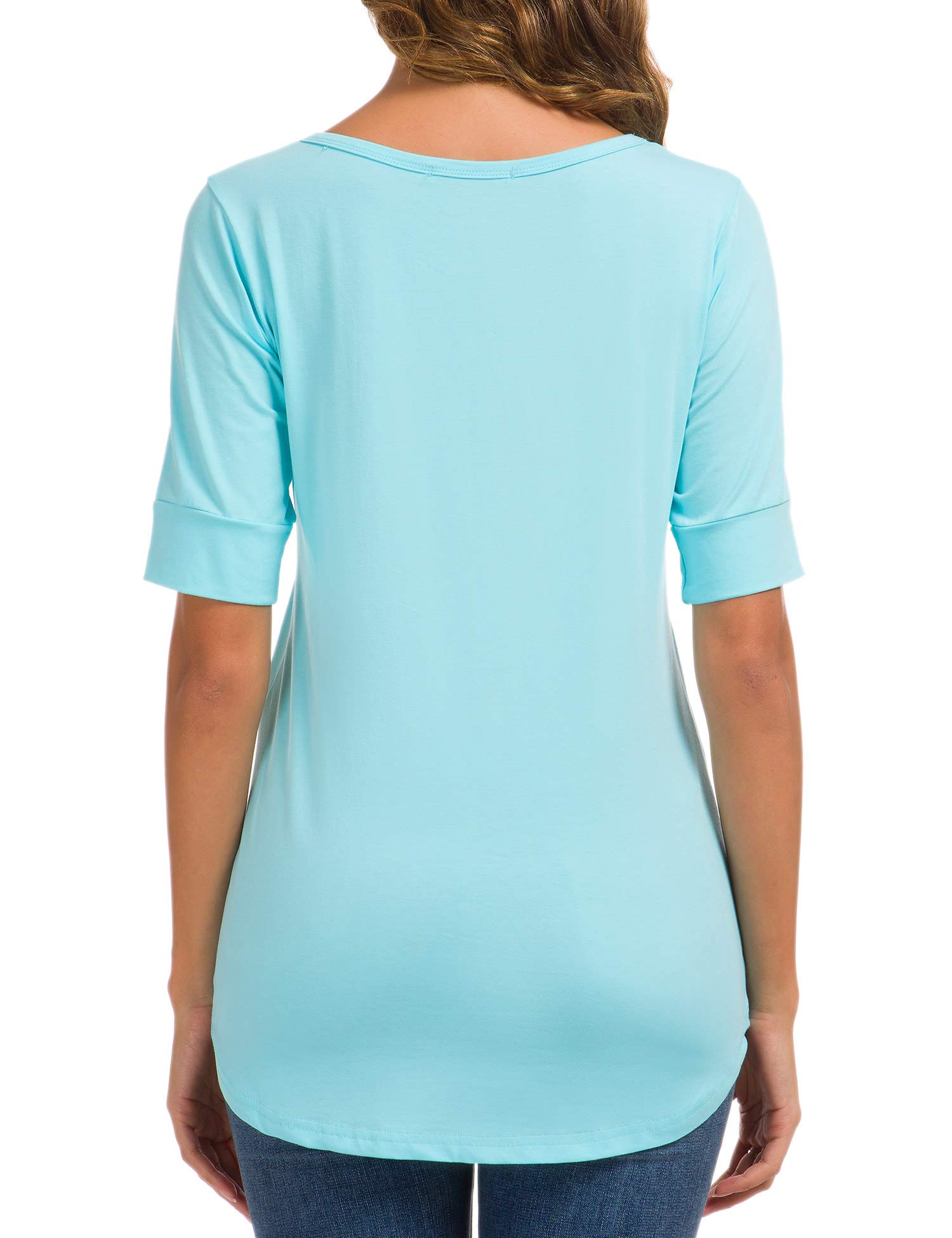 Women's Soft Cotton Knit Elbow Sleeve Tunic Tops - Light Blue Casual Blouse Tee for Work, Office & Everyday Wear