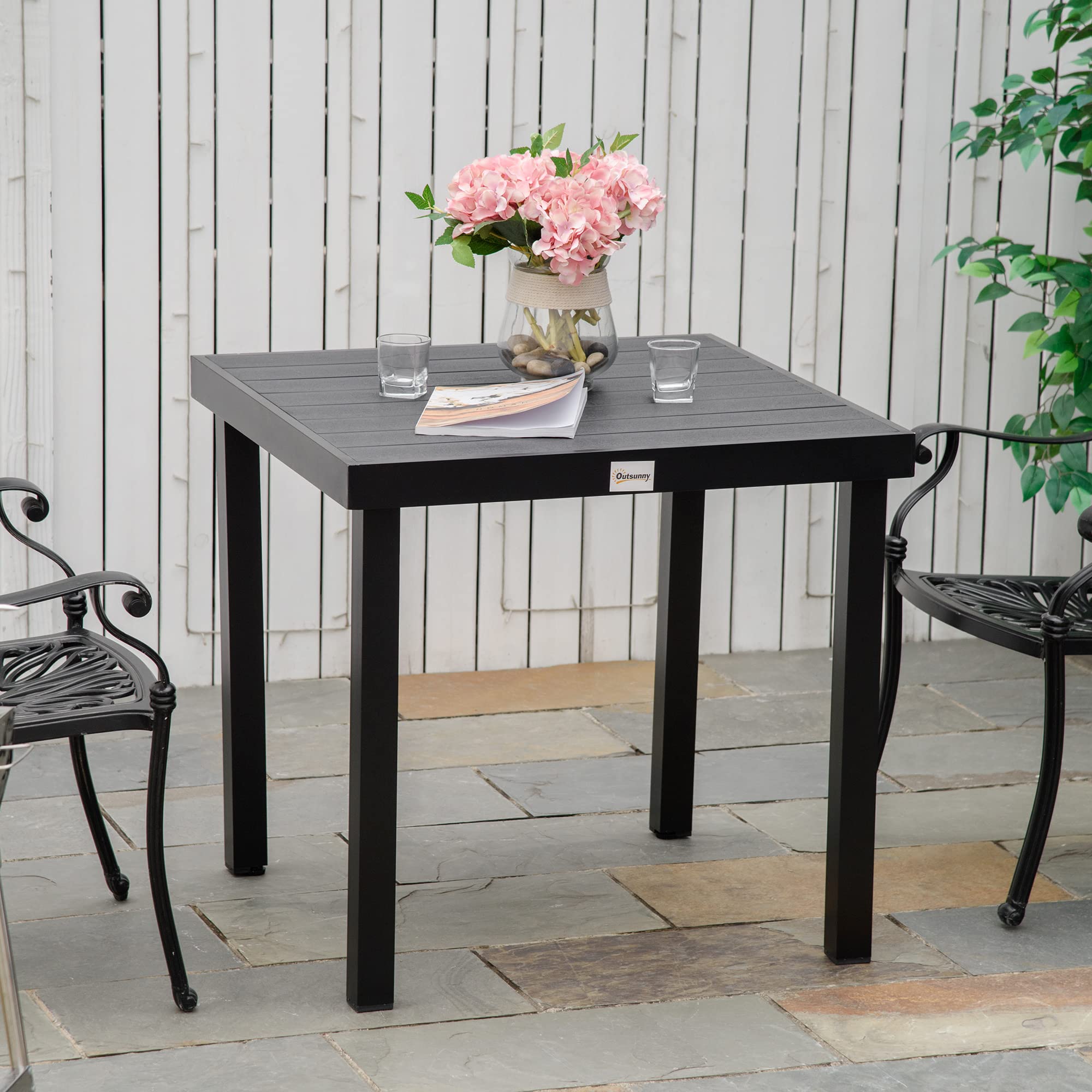Outsunny 4-Person Square Outdoor Dining Table with Aluminum Metal Legs - Woodgrain Black Patio Table for Garden, Lawn, Backyard & Poolside Dining