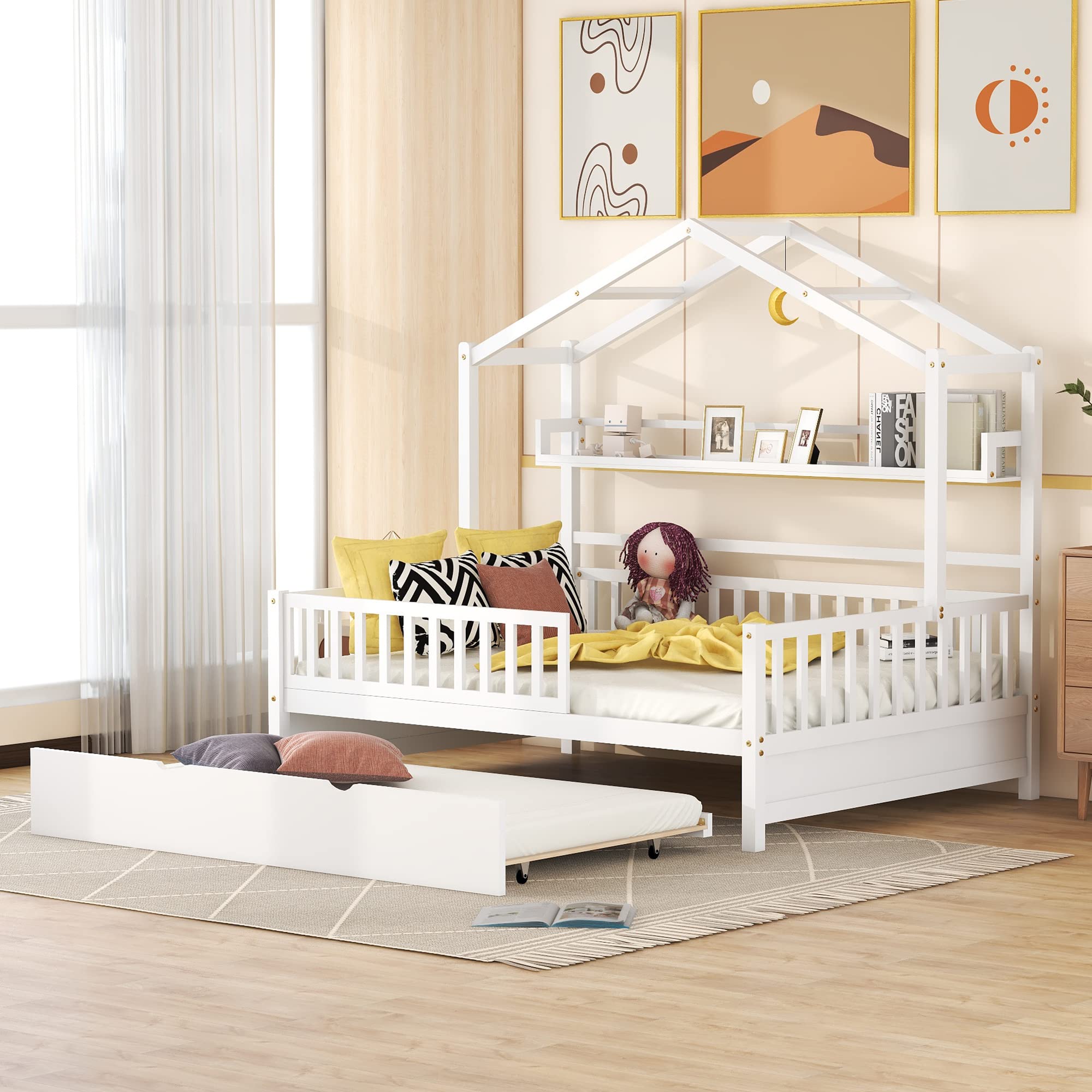 Bellemave Full Size Wooden House Bed with Trundle & Storage - Montessori Kids Bed with Safety Rails, Playhouse Tent Frame for Boys & Girls (White) - Perfect for Bedrooms, Playrooms & Montessori Learning Spaces