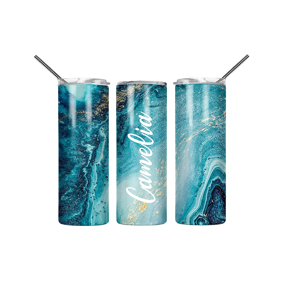 Custom 20oz Skinny Tumbler with Lid - Spill Proof Stainless Steel Travel Mug, Marble Effect Personalized Tumbler for Men & Women - Perfect for Office, Gym, Hiking and Daily Commute