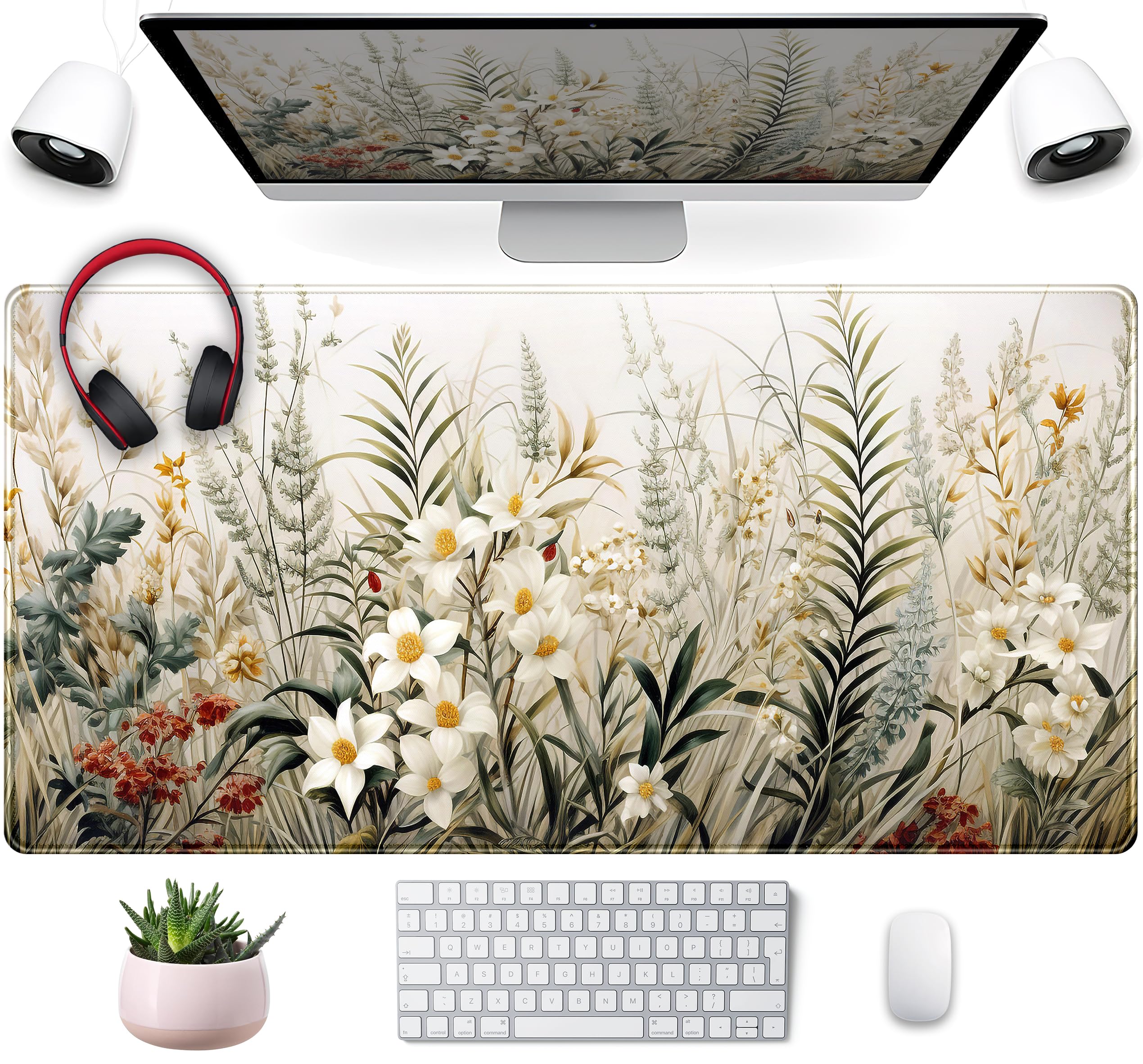 Beige Aesthetic Sage Green Desk Mat with Watercolor Flowers - XXL Extended Gaming Mouse Pad (31.5x15.75 in) - Large Keyboard Mouse Mat for PC, Laptop, Office & Home Decor | Perfect for Work, Gaming & Anime Enthusiasts