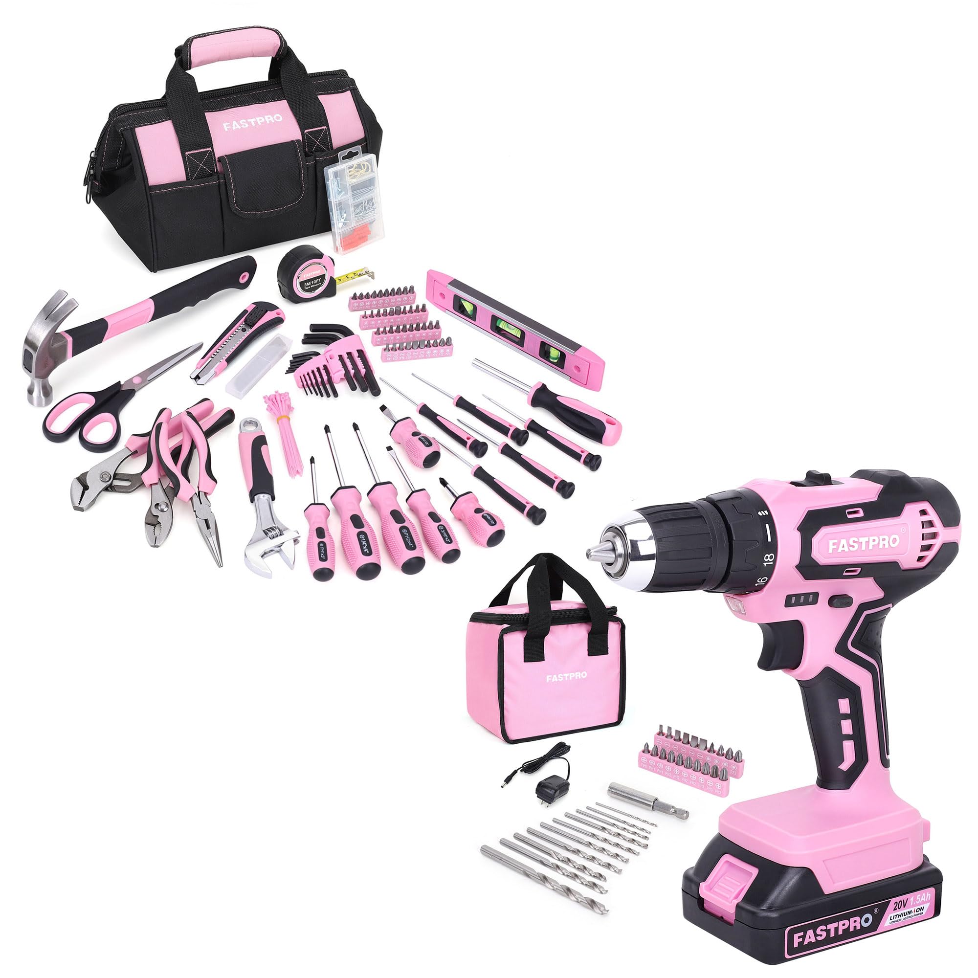 FASTPRO 220-Piece Pink Tool Set for Women - Home Repair Tool Kit with 20V Cordless Lithium-Ion Drill Driver - Perfect for DIY Projects, Household Repairs & Crafting