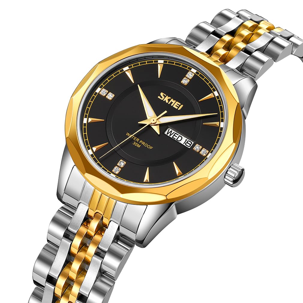 SKMEI Women's Luxury Stainless Steel Dress Watch - Classic Analog Waterproof Business Wristwatch with Day & Date Display, Elegant Silver & Gold Options - Perfect Gift for Wife, Ladies & Female Professionals (Office, Formal Events, Daily Wear)