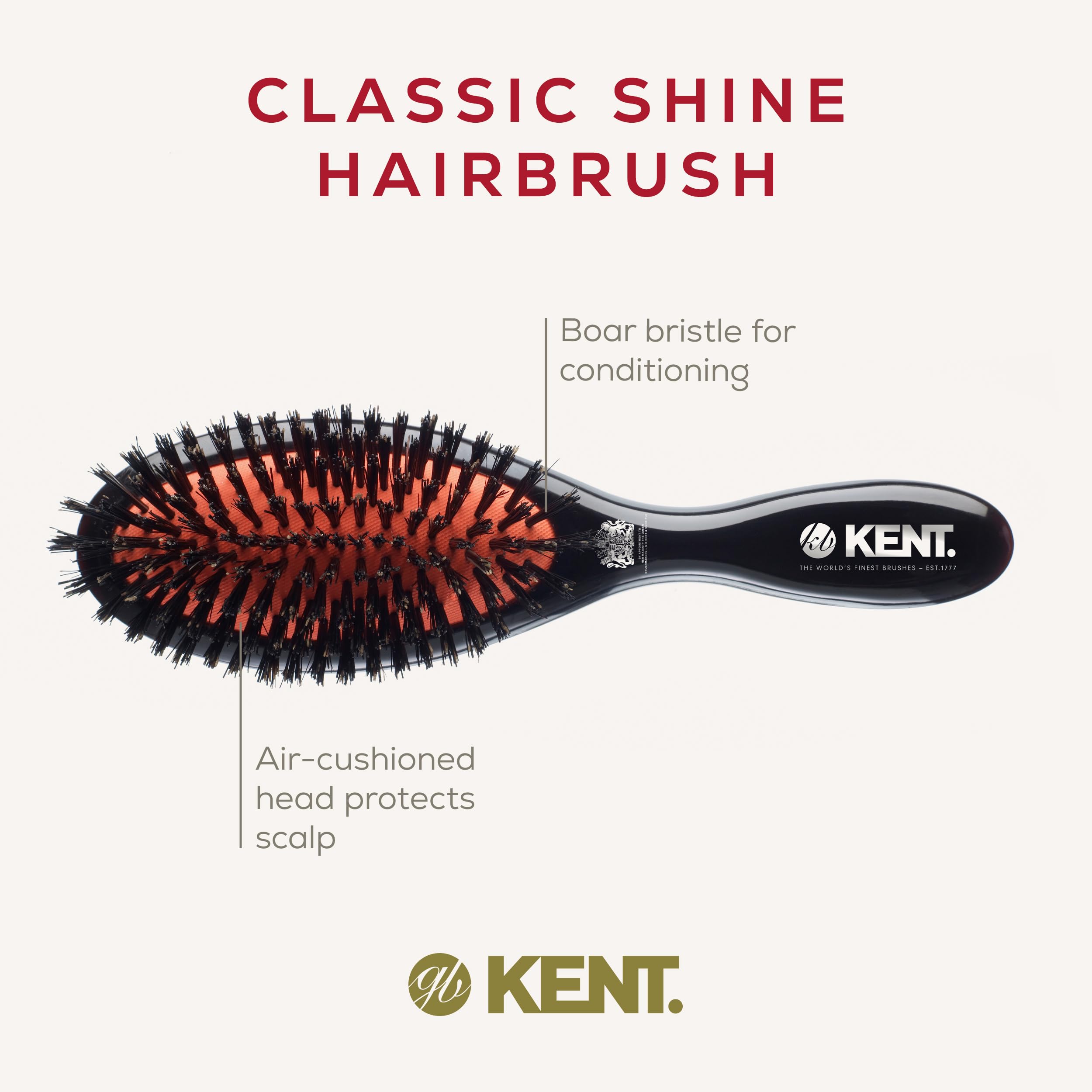 Kent Medium Pure Black Bristle Cushioned Hair Brush - Professional Styling Brush for Smooth & Tangle-Free Hair (Pack of 1) - Perfect for Daily Hair Care & Salon Use