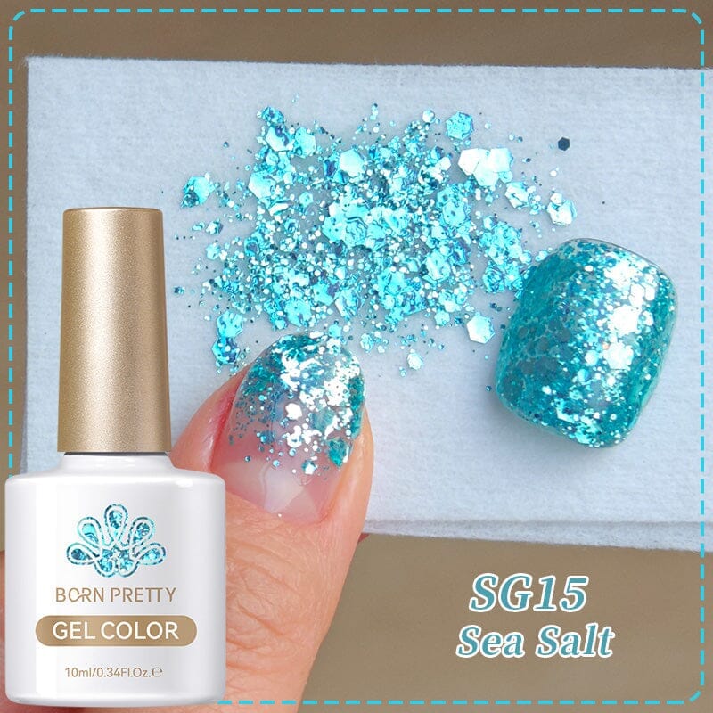Blue Glitter Sequins Gel Polish SG15 Sea Salt 10ml - Long-Lasting Nail Art Polish for Manicures & Pedicures - Perfect for Parties, Weddings, and Special Occasions