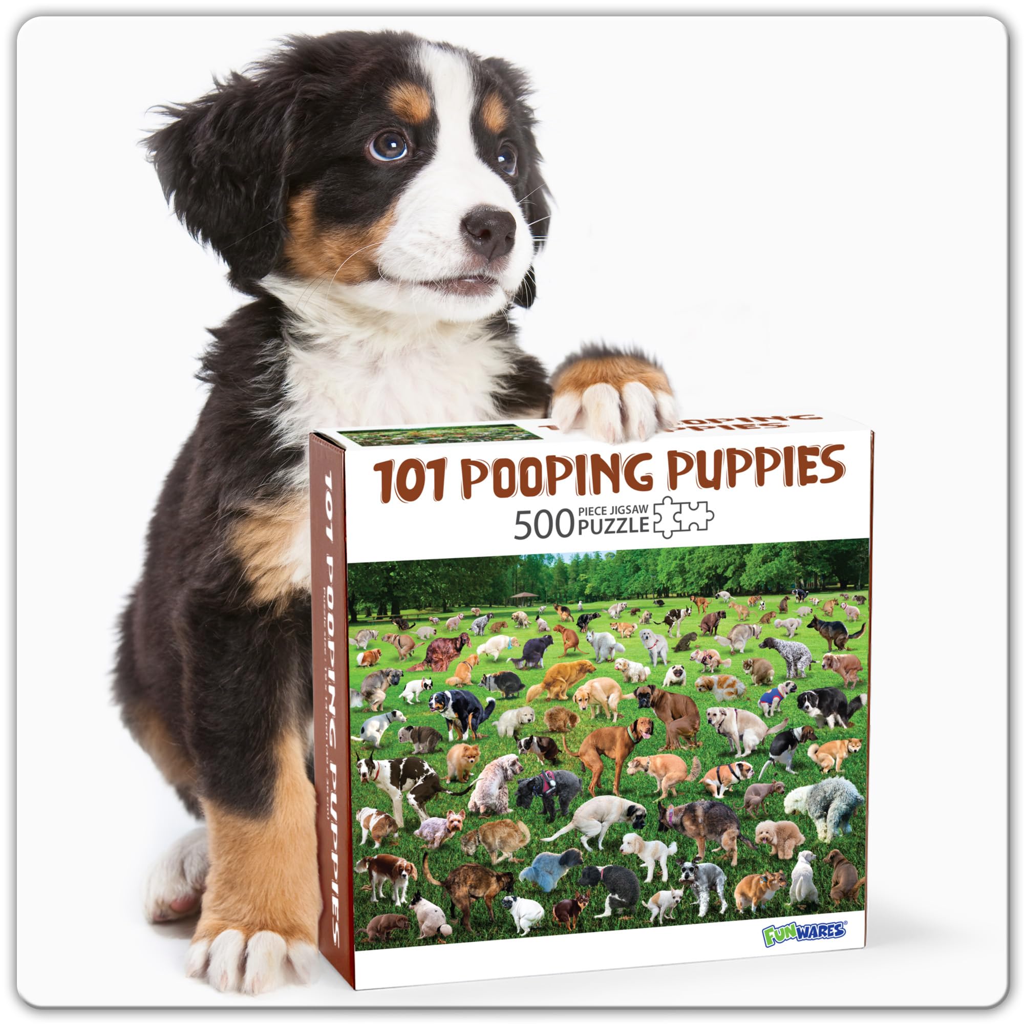 Funwares Original 101 Pooping Puppies 500-Piece Jigsaw Puzzle - Hilarious Dog-Themed Puzzle Game for Adults & Kids - Perfect White Elephant Gift for Christmas & Parties - Great for Family Game Nights & Stress Relief