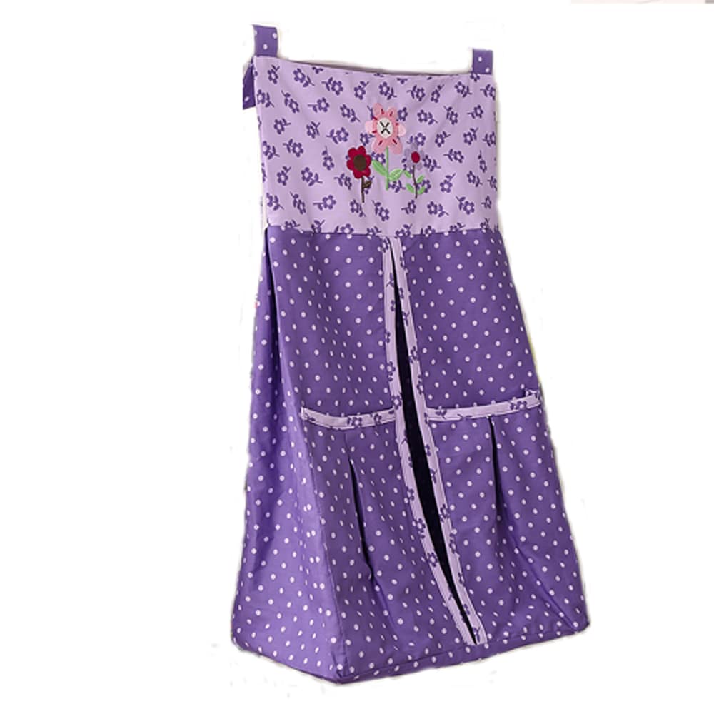 6-Piece Purple Elephant Nursery Crib Bedding Set - Violet Embroidered Elephant Theme Baby Cot Set with Quilt, Fitted Sheet, Skirt, Diaper Bag, Changing Cover & Window Valance (28