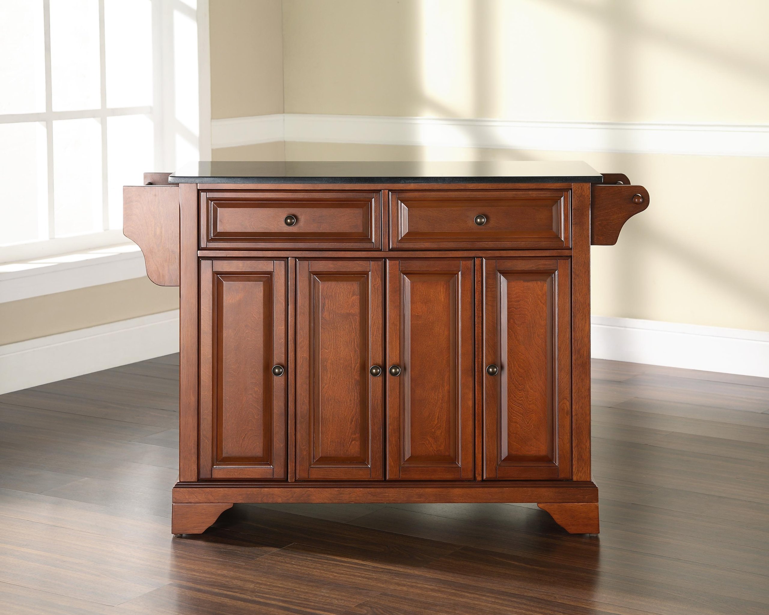 Crosley Lafayette Granite Top Rolling Kitchen Island Cart with Storage - Microwave Stand, Spice Rack, Cherry Finish - Perfect for Small Kitchens, Pantry Organization & Extra Counter Space
