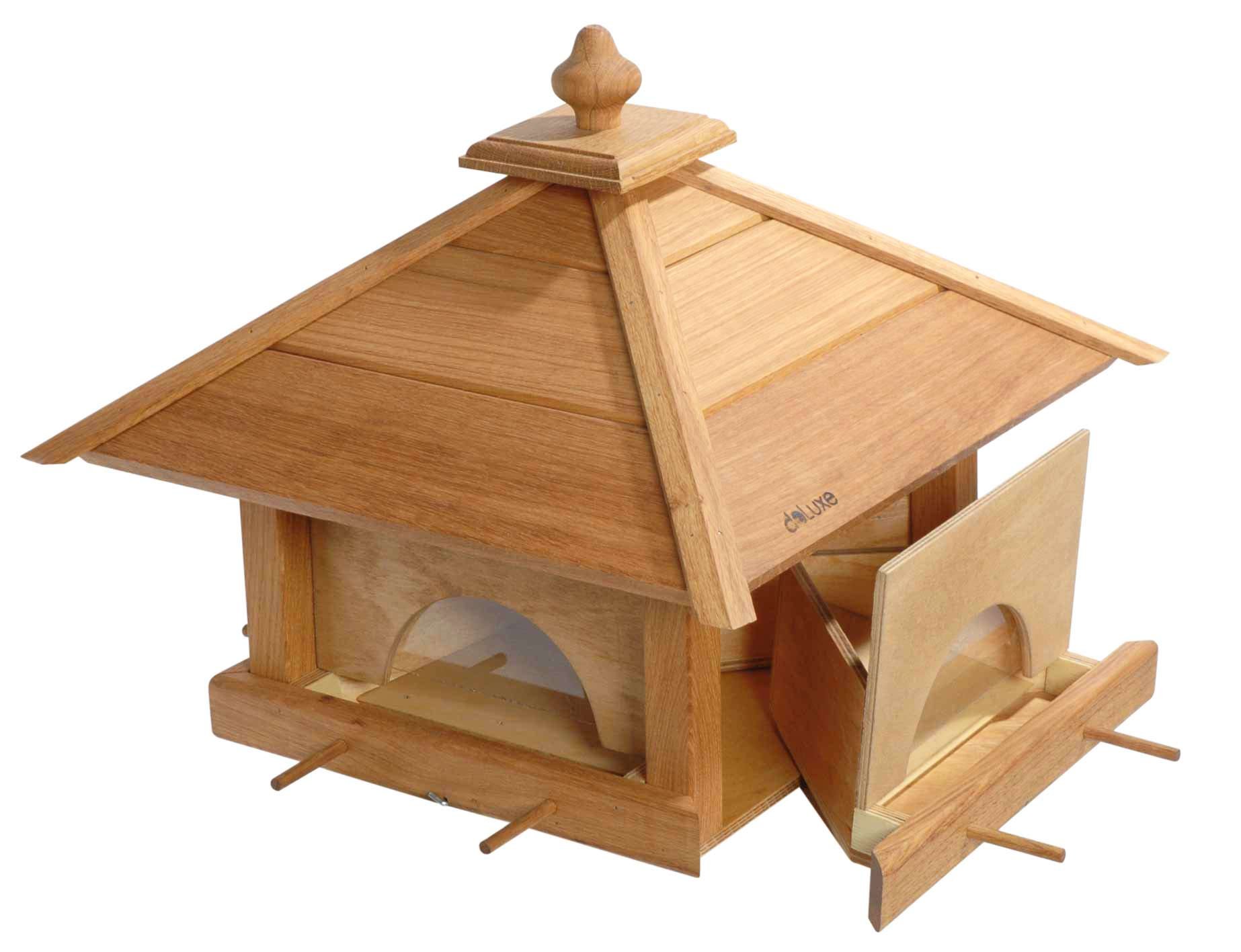 Premium Large Oak Bird Feeder with 4 Drawers, Silo & 8 Landing Rods - 49x49x39cm - Outdoor Garden Decoration for Attracting Wild Birds