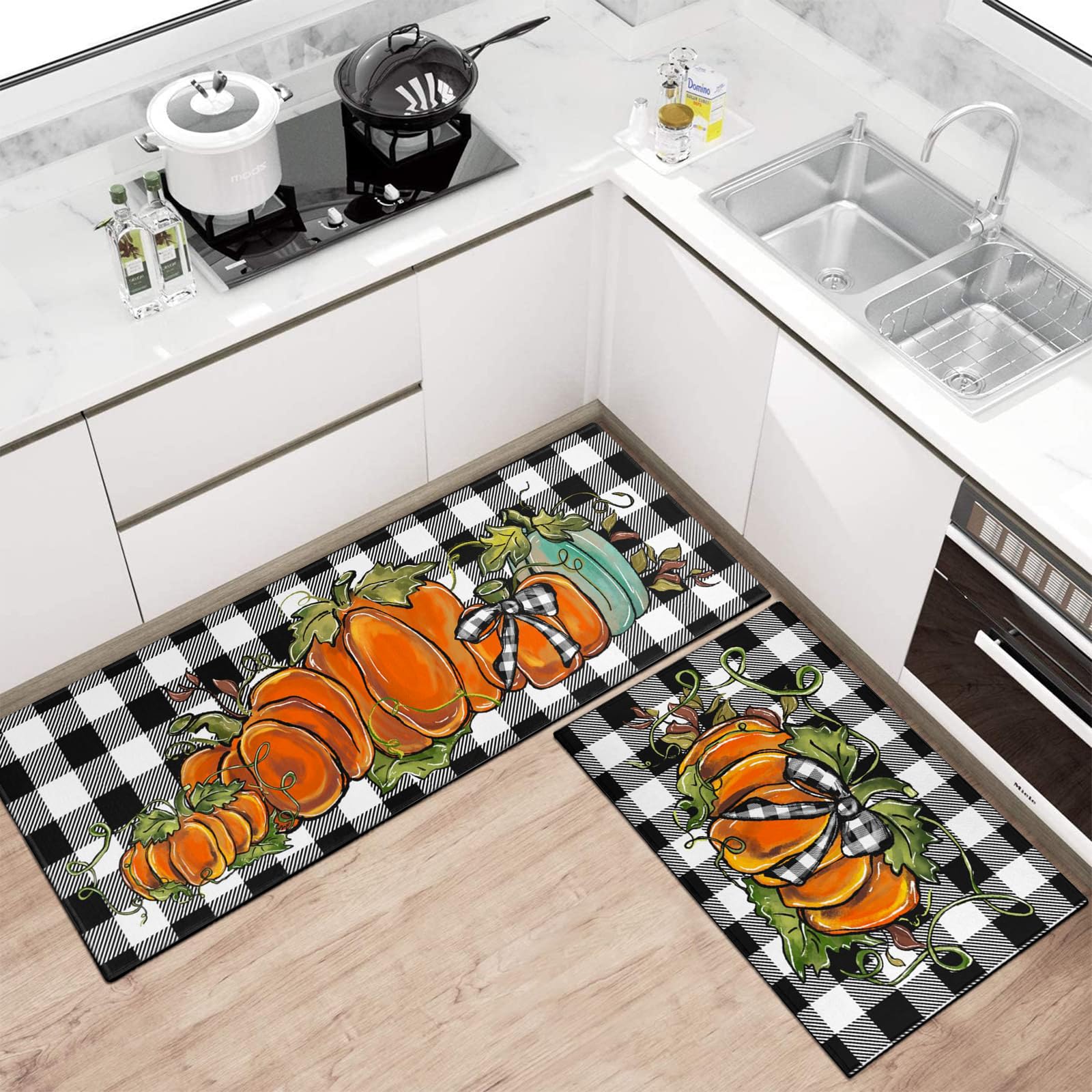 Faptoena Fall Pumpkin Kitchen Rugs Set of 2 - Non-Slip Washable Buffalo Plaid Thanksgiving Mats for Farmhouse Decor (17x47 + 17x30) - Perfect for Autumn Kitchen Flooring and Cozy Home Decorations