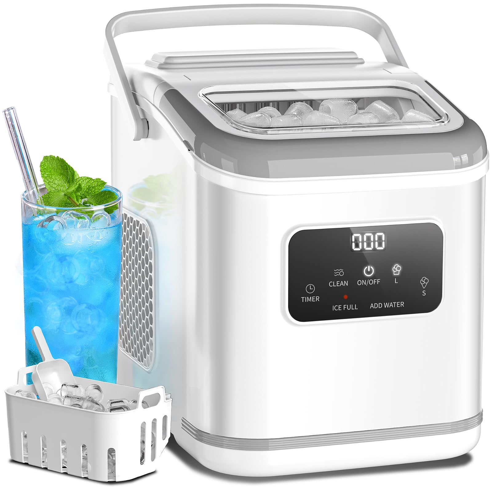 Portable Countertop Ice Maker Machine - Self Cleaning, Compact Bullet Ice Maker with Digital Display, Makes 9 Cubes in 6 Minutes & 26lbs in 24 Hours - Perfect for Home, Dorm, Camping, RV, Office & Outdoor Use (White)