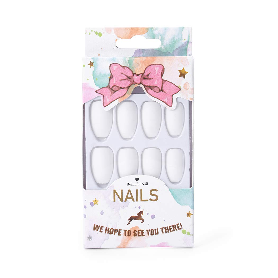 Brishow Matte Coffin False Nails - 24Pcs Ballerina Acrylic Stick on Nails, Full Cover Artificial Nail Tips for Women & Girls (White) | Perfect for Parties, Weddings & Everyday Glam