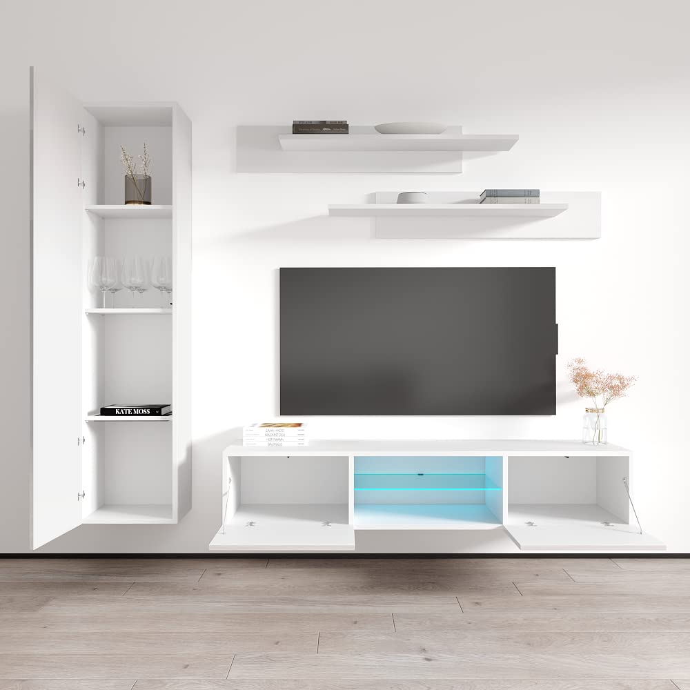 Modern Floating TV Stand with Storage & LED Lights - Wall-Mounted Entertainment Center for Bedroom & Living Room - White Meble Furniture Fly G1 33