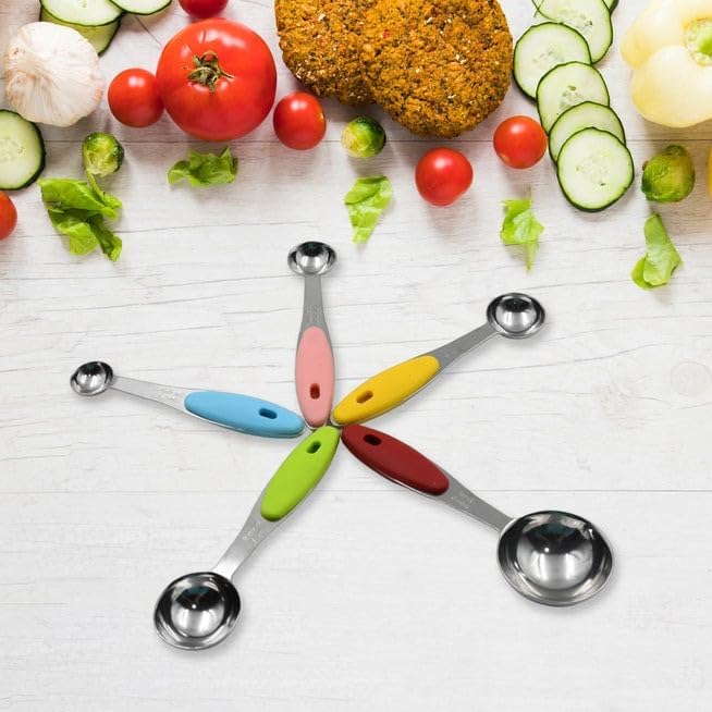 ATEVON Premium Stainless Steel Measuring Spoons & Cups Set - 5-Piece Stackable Kitchen Tools with Ergonomic Silicone Handles for Precise Baking, Cooking & Meal Prep | Ideal for Home Bakers, Chefs & Cooking Enthusiasts