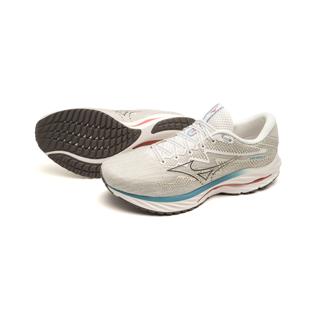 Mizuno Men's Wave Rider 27 Running Shoes - Lightweight Cushioned for Road Running, Gym & Daily Wear - Snow White/Granite Gray/Adriatic Blue