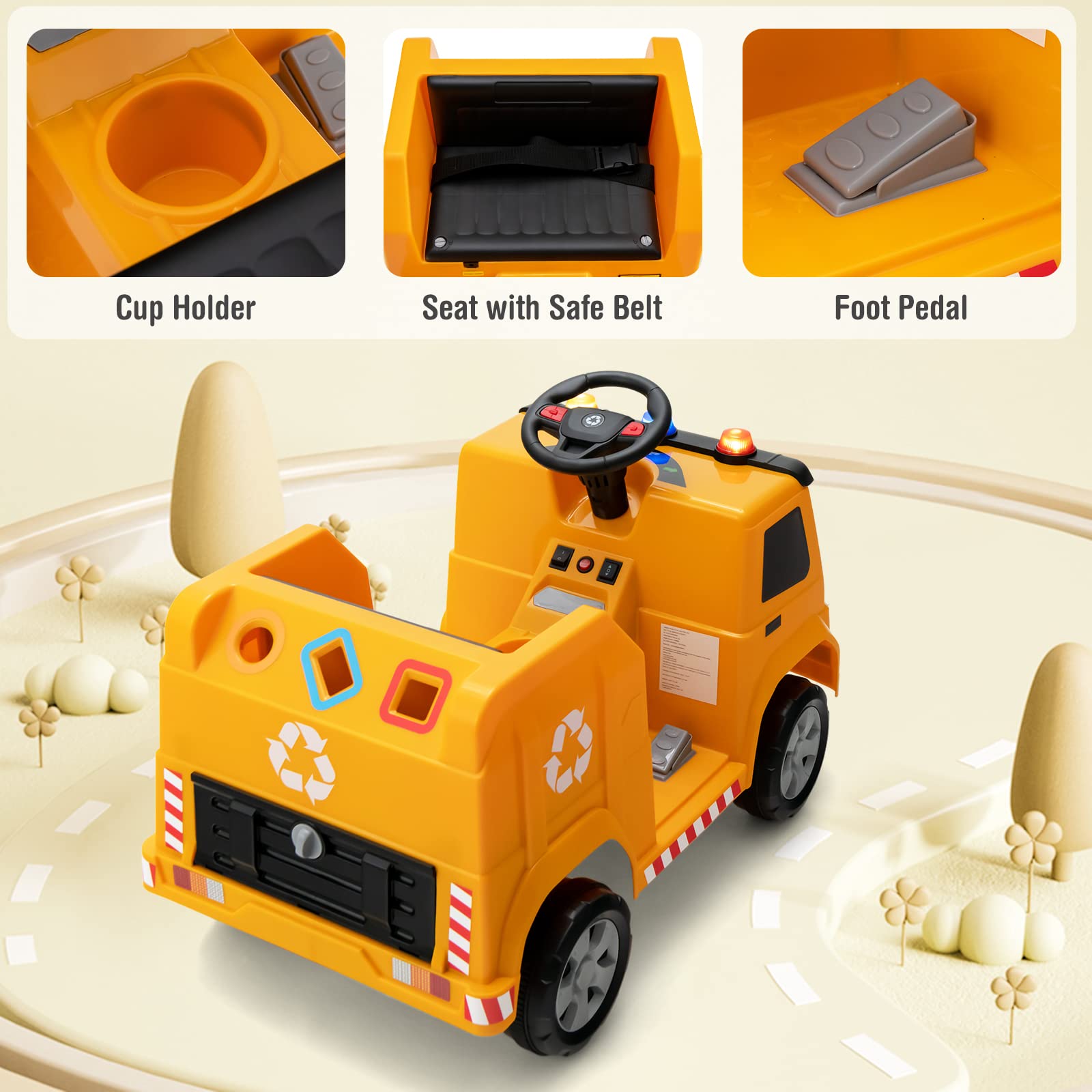 OLAKIDS 6V Electric Ride-On Garbage Truck Toy for Kids - Battery Powered Recycling Truck with Music, Horn & Warning Lights - Includes Recycling Accessories - Yellow Toddler Toy for Boys & Girls - Perfect for Pretend Play, Outdoor Fun & Learning About Recycling