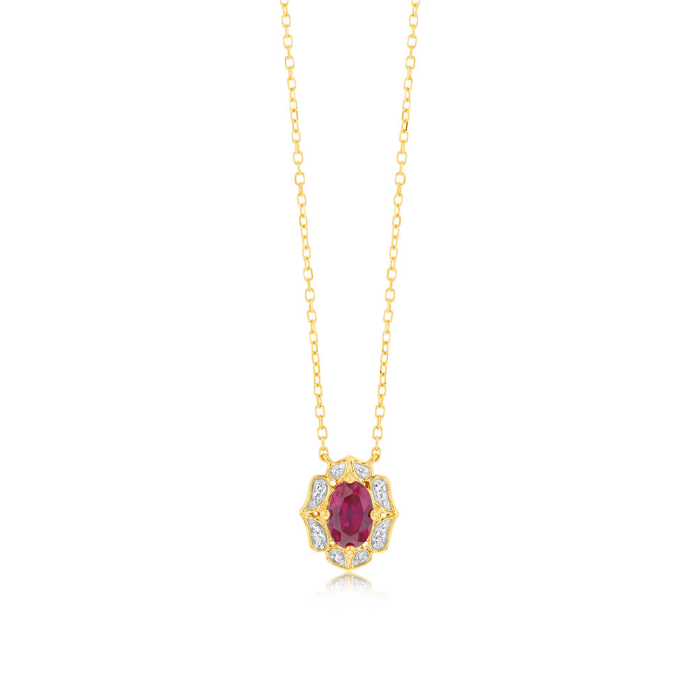 0.50 Carat Lab-Created Ruby and Diamond Oval Pendant Necklace in 9K Yellow Gold with 45cm Chain - Elegant Gift for Anniversary, Birthday & Special Occasions