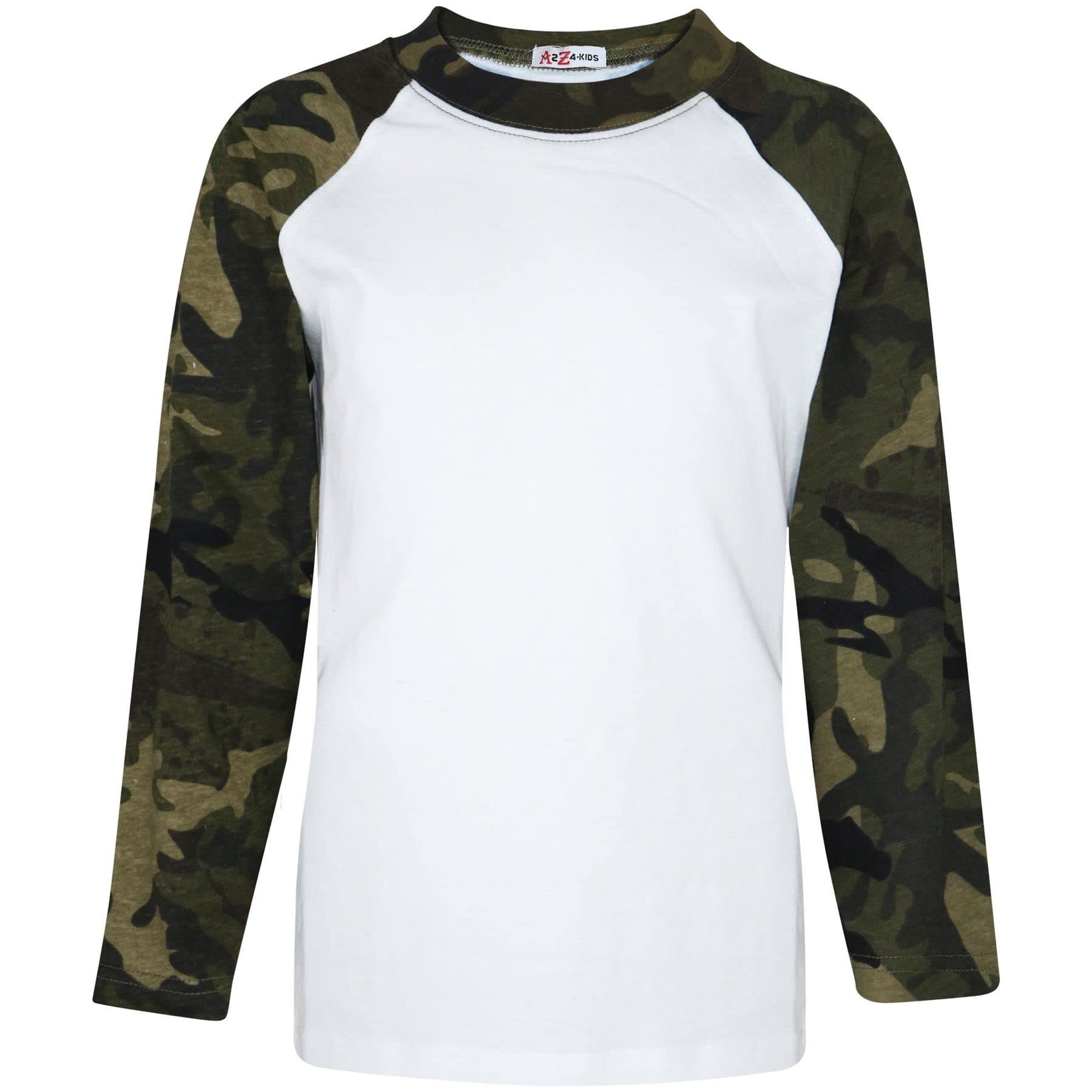 Kids Unisex Camo Green T-Shirt - American Baseball Style Long Sleeve Raglan Top - Casual Wear for Boys & Girls - Perfect for Sports, School & Outdoor Activities