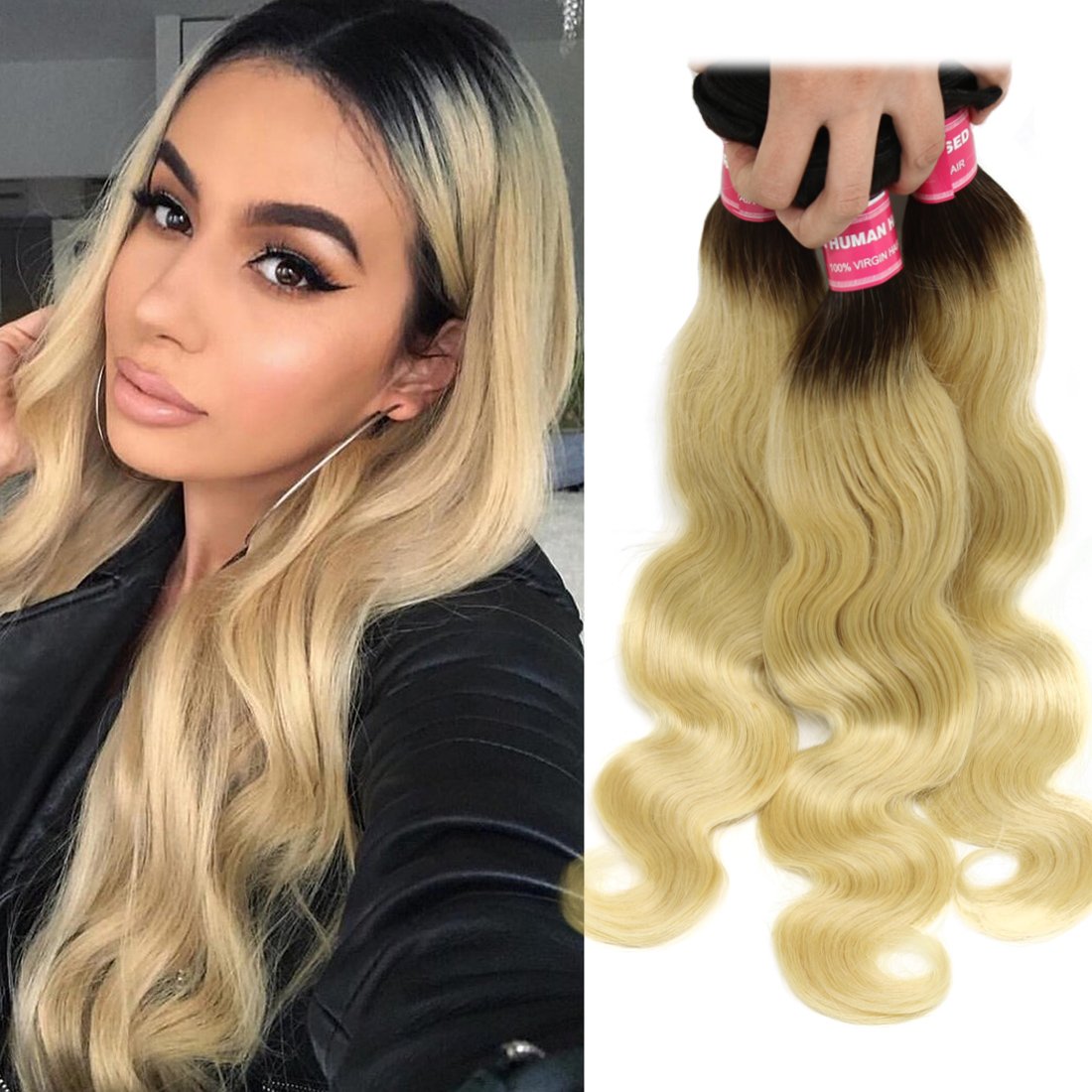 Nadula T1B613 Blonde Body Wave Human Hair Extensions - 3 Bundles 10A Brazilian 100% Remy Hair with Dark Roots & Honey Blonde Ombre - 14/16/18 Inch Wavy Weaves for Sew-In - Perfect for Daily Styling, Parties & Special Occasions