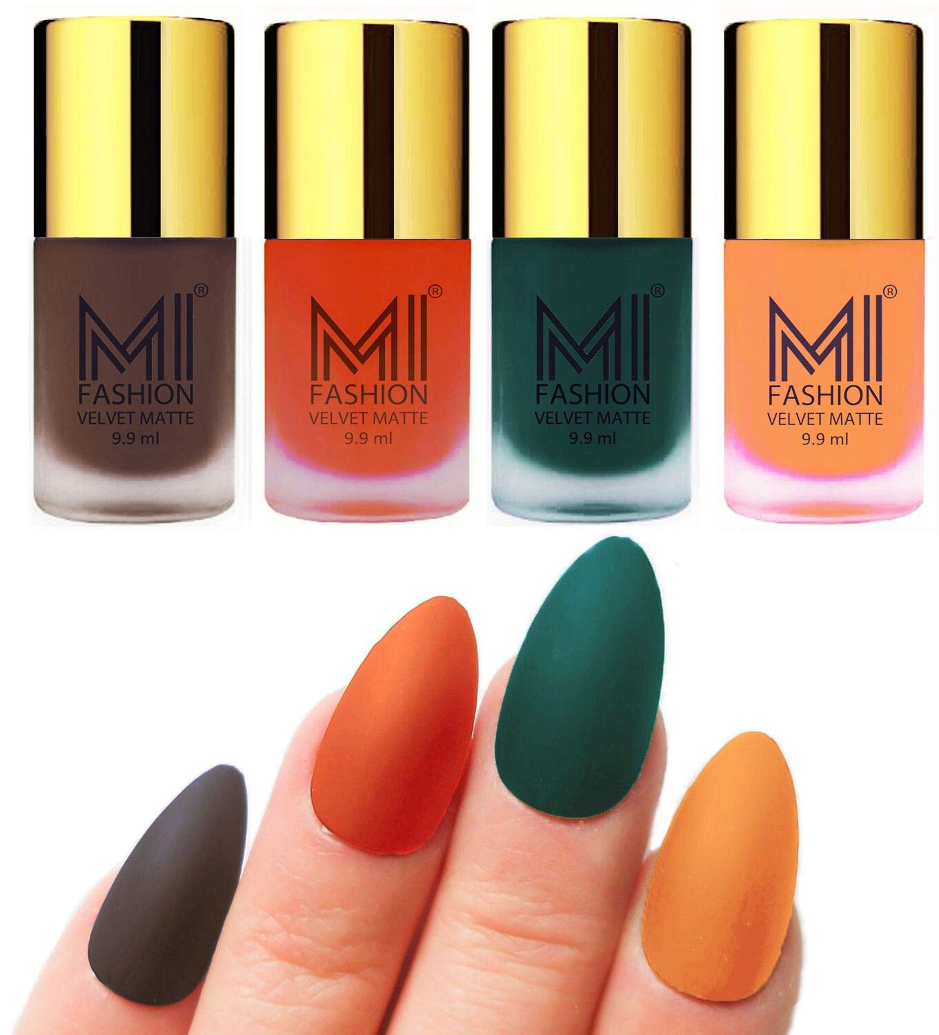 MI FASHION Velvet Matte Nail Polish Set - 4 Colors (Coffee, Orange, Dark Green, Saffron) - 9.9ml Each - High Shine Long Lasting Formula - Perfect for Manicures, Pedicures & Nail Art Designs