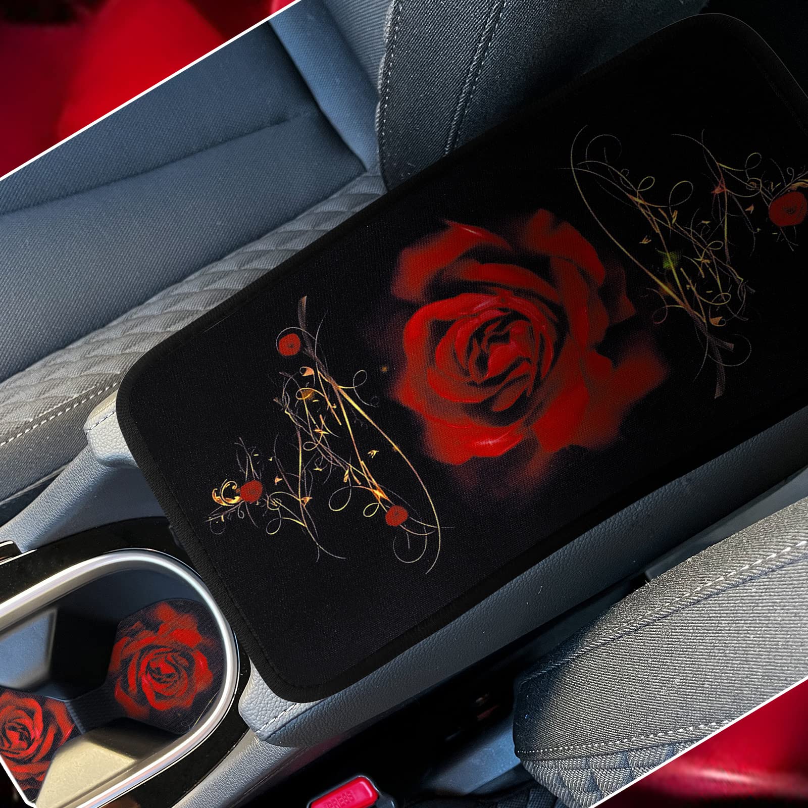 15-Piece Rose Flower Car Seat Cover Set for Women - Universal Fit with Steering Wheel & Armrest Covers - Premium Polyester Fabric (Red) - Perfect for Daily Commute, Road Trips & Car Interior Decoration