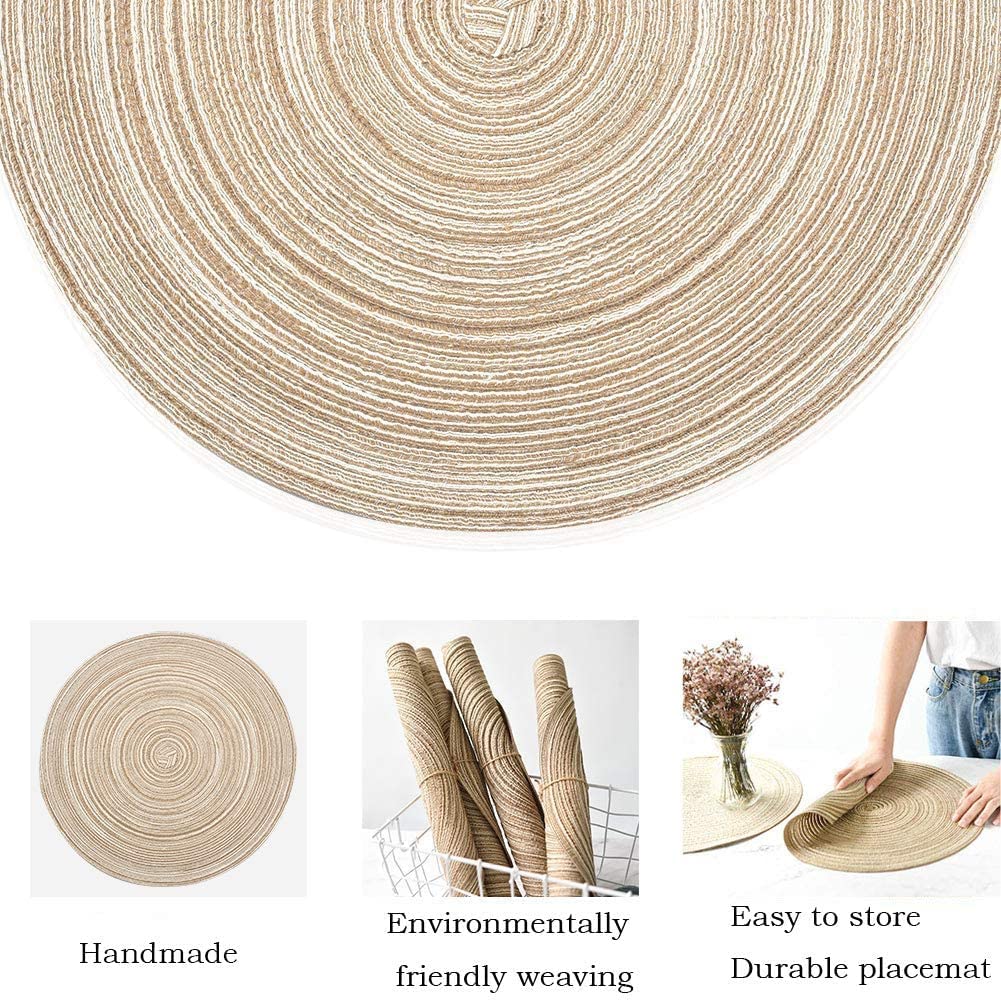 Round Woven Cotton Placemats Set of 4 - 14 Inch Dark Brown Heat-Resistant Table Mats for Dining, Kitchen & Home Decor - Washable & Reusable for Everyday Use