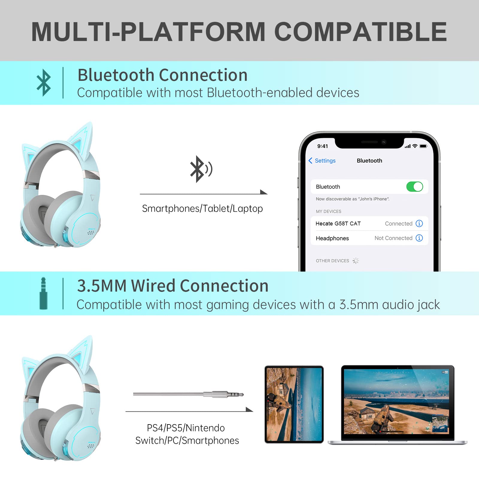 Edifier G5BT CAT Wireless Bluetooth Gaming Headset with Microphone - Over-Ear Detachable RGB Light Headphones for PC, PS5, PS4, Nintendo Switch (Sky Blue) - Perfect for Competitive Gaming & Late-Night Streaming Sessions