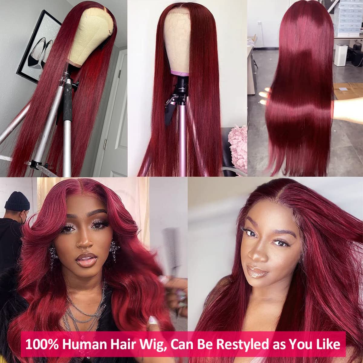 SUPERNOVA 99J Burgundy Lace Front Wig - 18 Inch Brazilian Virgin Human Hair with 4x4 Lace Closure, Pre-Plucked Hairline & Baby Hair - 150% Density Long Straight Red Wig for Black Women | Perfect for Daily Wear, Cosplay, and Special Occasions