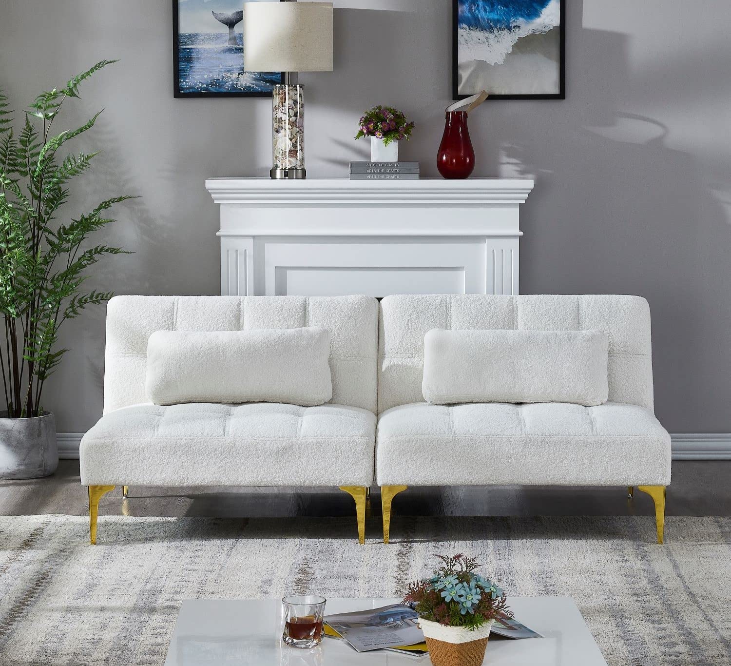 Convertible Sofa Bed Futon with Gold Metal Legs - Modern Sleeper Couch for Living Room, Office, Guest Room & Small Spaces - White | Perfect for Apartments, Dorms & Home Decor