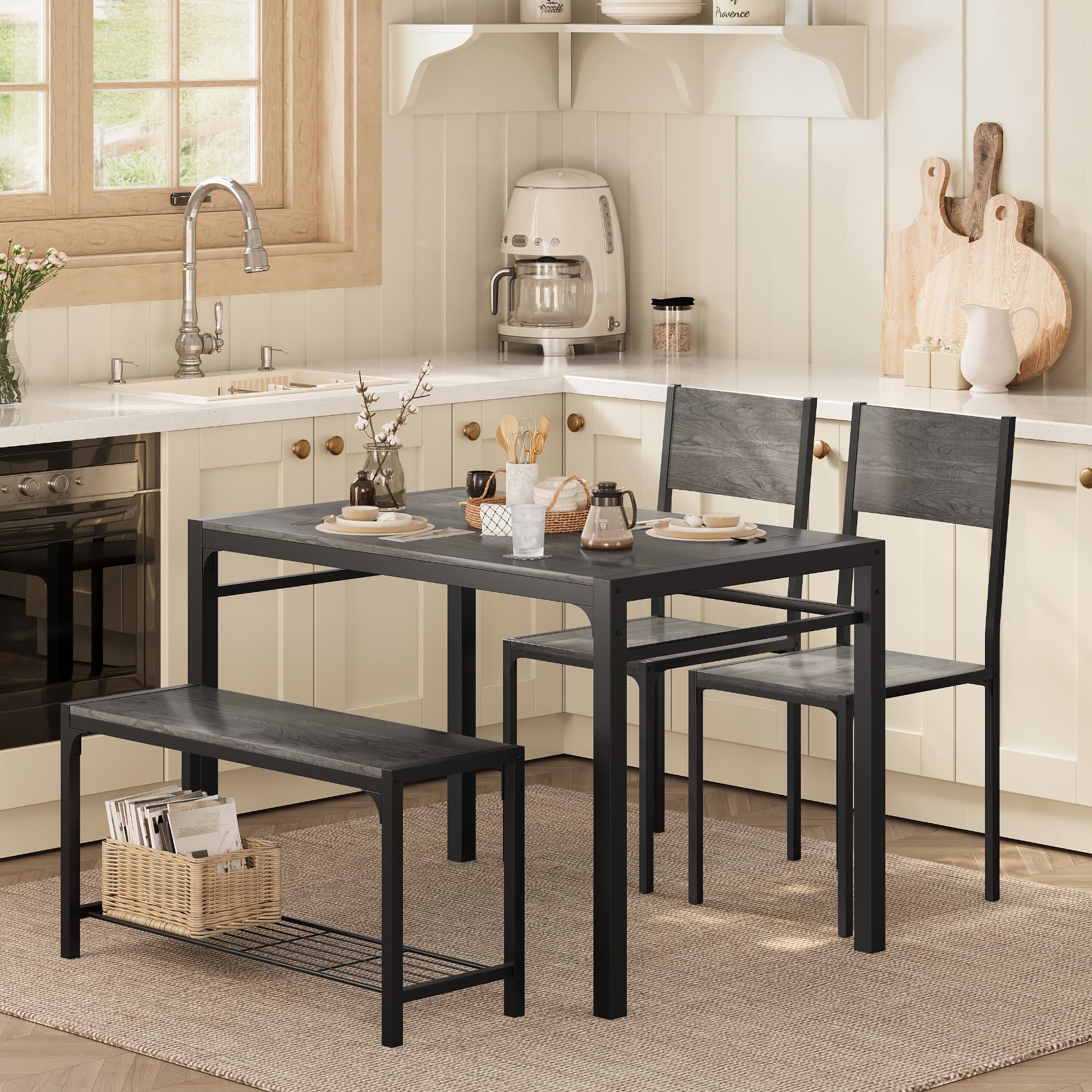 Shahoo 4-Piece Dining Set with Table, 2 Chairs & Bench - Compact Kitchen Table for Small Spaces in Dark Grey - Perfect for Apartments, Breakfast Nooks & Cozy Dining Areas