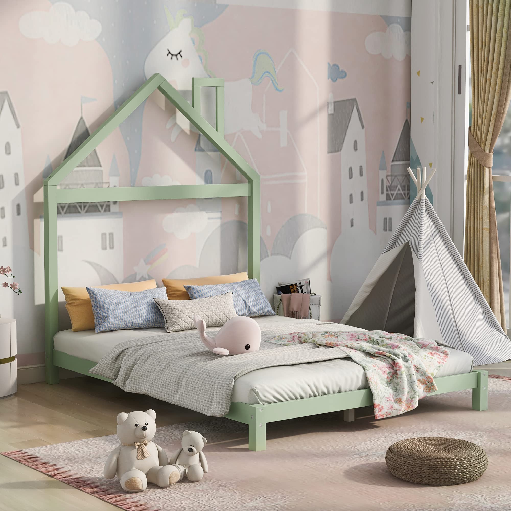 Full Size Wood Platform Bed with House Shape Headboard - Sturdy Bed Frame for Kids, Teens, Boys & Girls - Green Wooden Bed for Bedroom, Nursery, or Dorm Room - Perfect for Sleepovers & Cozy Nights