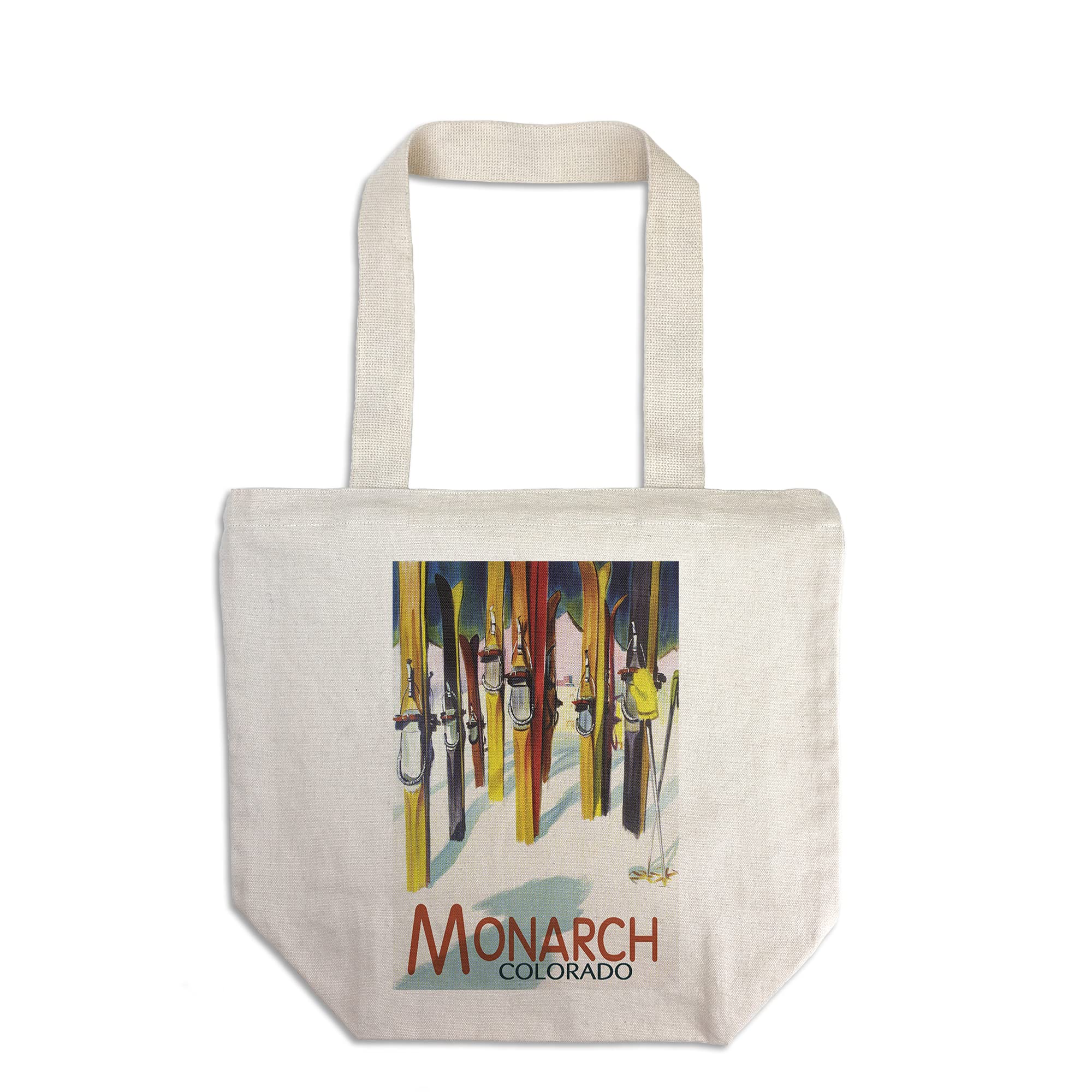 Lantern Press Monarch Colorado Colorful Skis Tote Bag - 100% Cotton Canvas Reusable Shopping Bag for Groceries, Beach & Travel