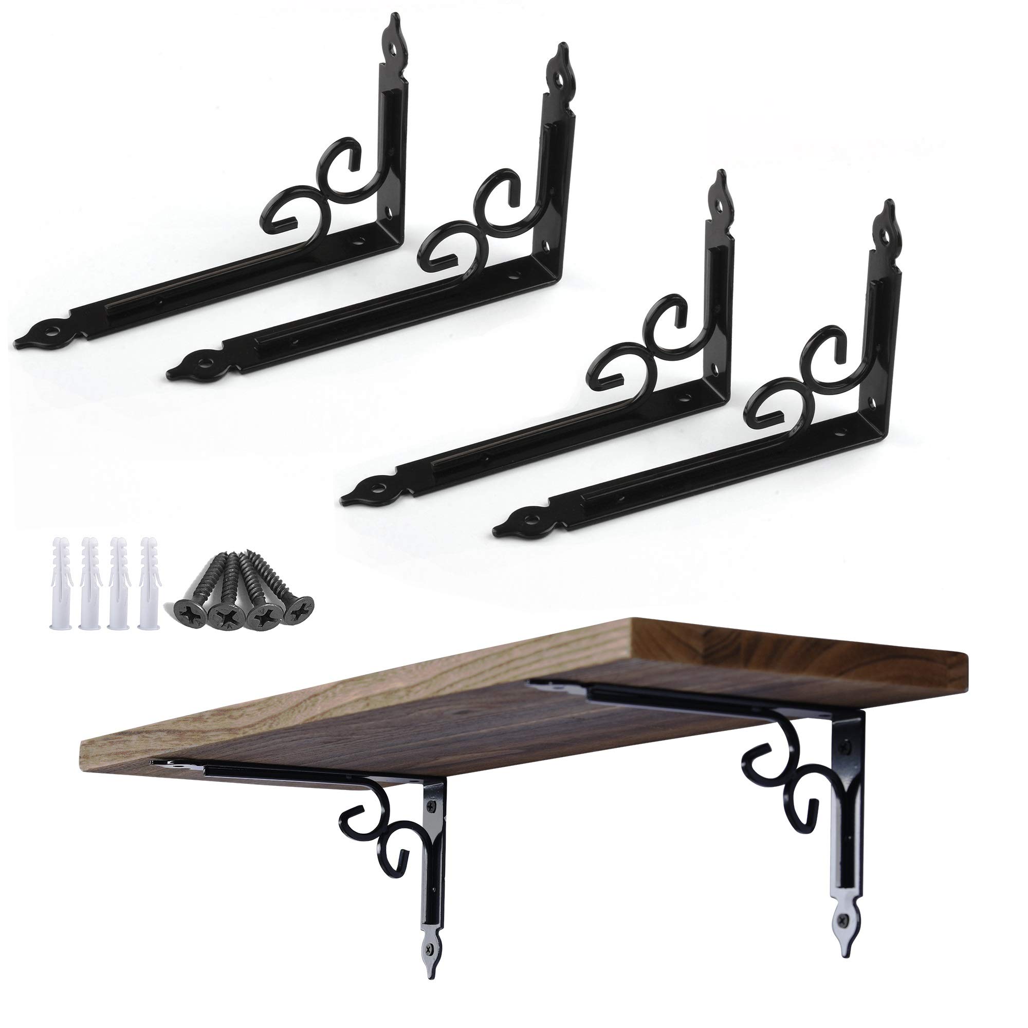 OVOV 4 Pack 8 Inch Black Metal Shelf Brackets - Heavy Duty Triangle Shelving Supports with Screws for Kitchen, Bookshelf, Floating Shelves - Perfect for Home Organization & Wall Decor