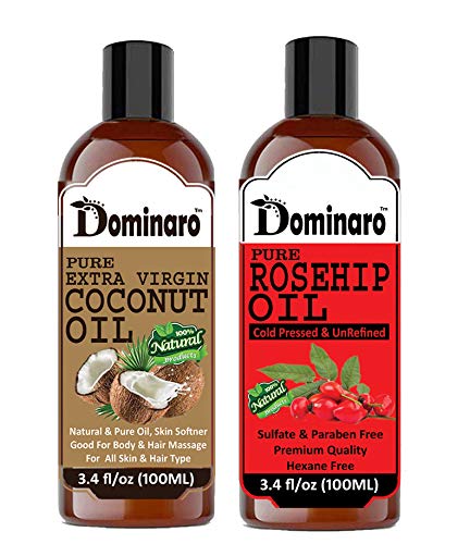 Dominaro 100% Pure Natural Virgin Coconut Oil & Rosehip Oil Combo Pack - 2 Bottles (200ml Each) for Hair Care, Skin Moisturizing & Massage | Organic Cold-Pressed Oils for Dry Hair Treatment, Face & Body Hydration