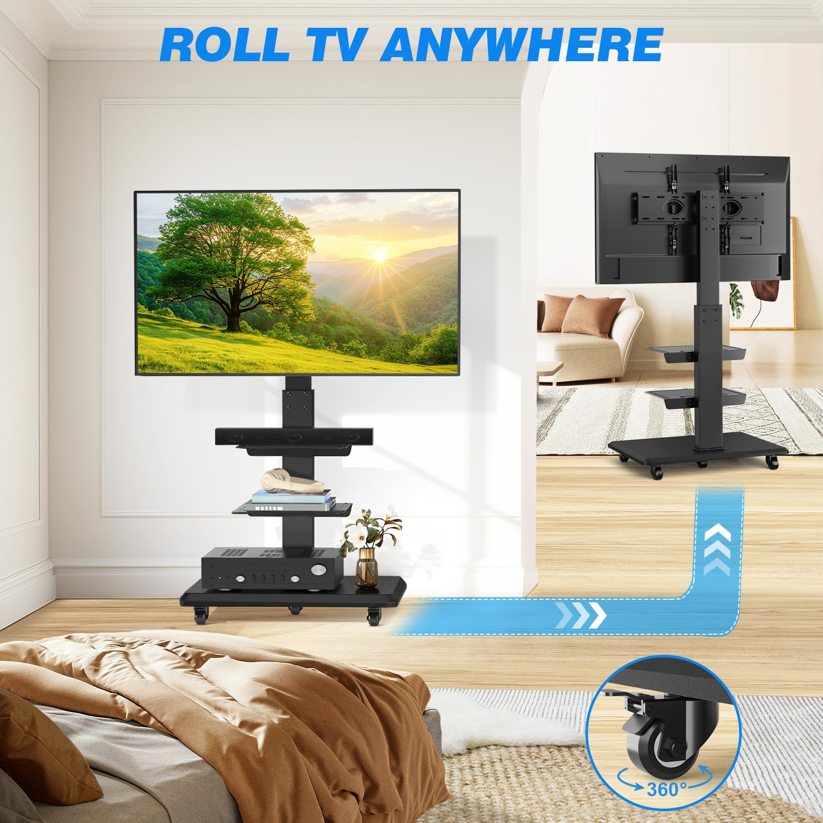 Rfiver Mobile TV Cart Rolling Stand for 40-75 Inch Flat/Curved TVs - Heavy Duty Floor TV Stand with Swivel Mount (110 lbs Capacity) - Height Adjustable Wheels for Living Room, Bedroom & Office Use