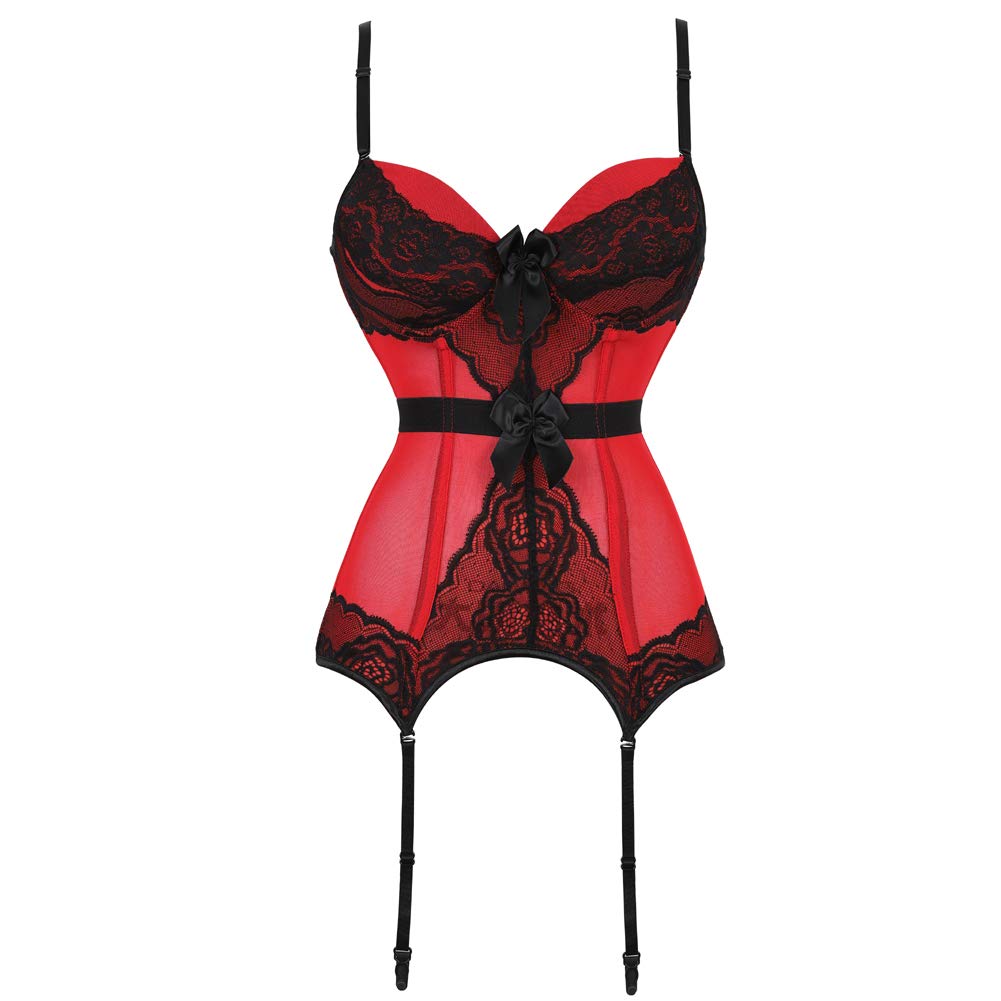 Zhitunemi Women's Victorian Lace Mesh Push Up Bustier Corset Top with Garter - Plus Size Lingerie Set for Boudoir, Bridal, and Special Occasions