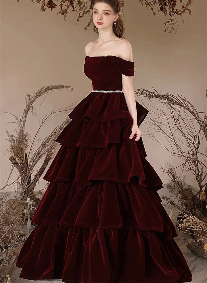 Burgundy Layered Velvet Prom Dress Off Shoulder A-Line Party Gown J4413 - Elegant Evening Wear for Homecoming, Quinceañera & Formal Events