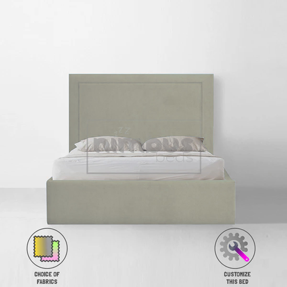 Charlie Studded Bed Frame - Queen Size Metal Platform Bed with Upholstered Headboard, Sturdy Steel Frame for Bedroom, Living Room, Guest Room - Modern & Industrial Style Furniture