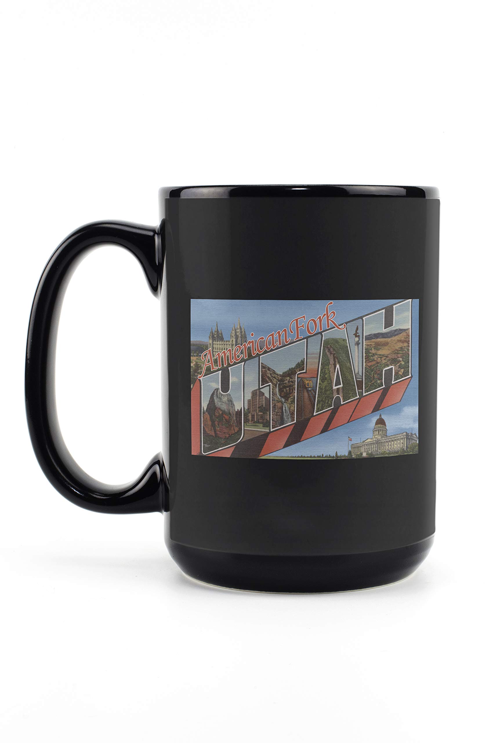 15oz Black Ceramic Coffee Mug & Tea Cup - Dishwasher & Microwave Safe - Large Letter Scenes of American Fork Utah - Perfect for Home, Office & Gift Giving