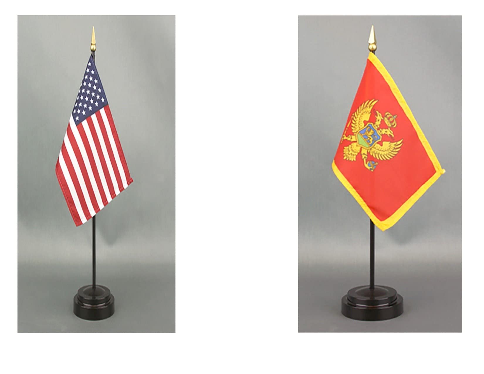 American Made Montenegro Desk Flag Set - 4x6 Inch Rayon Office Desk & Hand Waving Table Flags with 2 Stands (USA & Montenegro Flags) - Perfect for Office Decor, International Events & Patriotic Displays