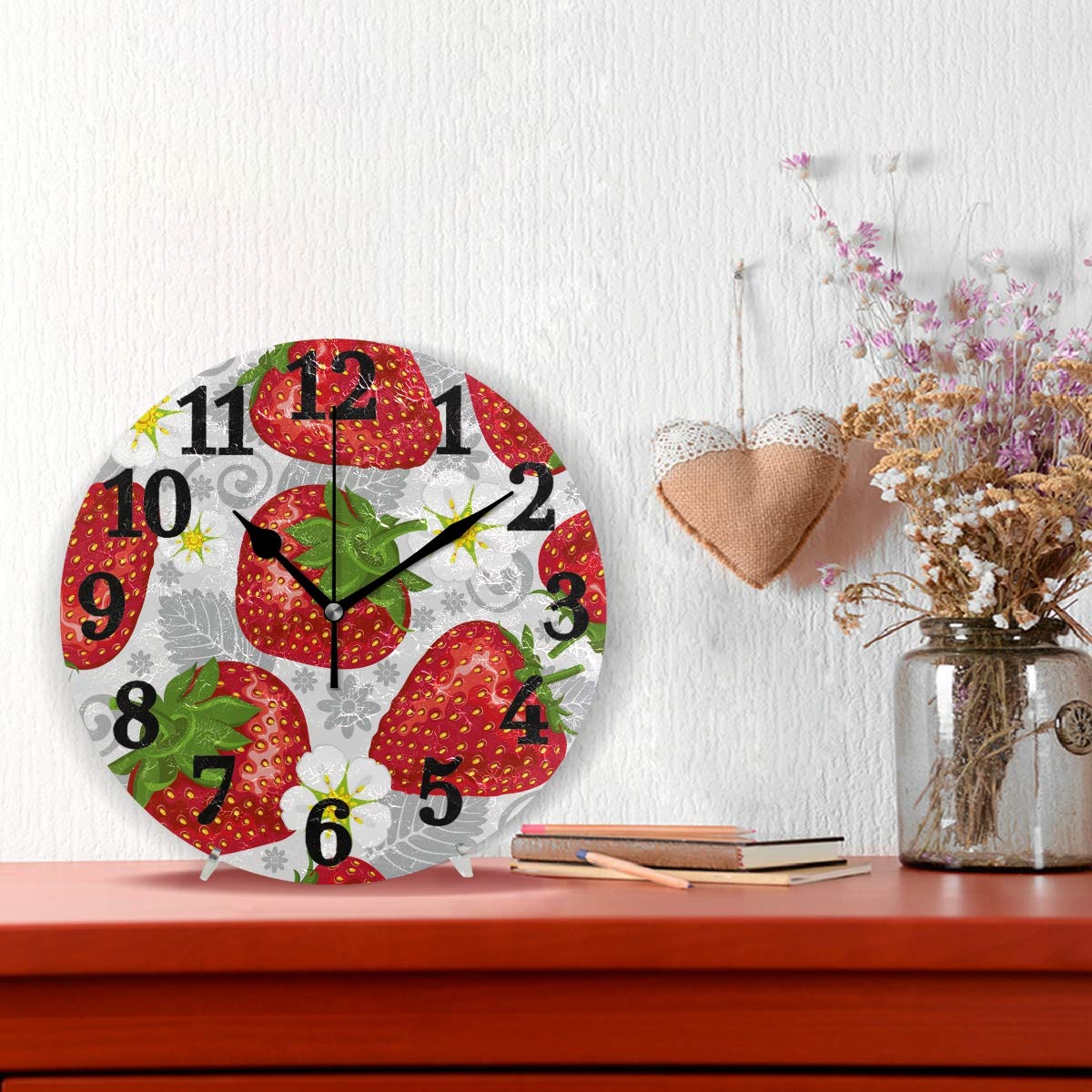10 Inch Round Wall Clock - Silent Non-Ticking Strawberry Themed Home Decor with Roman Numerals for Living Room, Bedroom & Office | Perfect Gift for Housewarming & Kitchen Decor