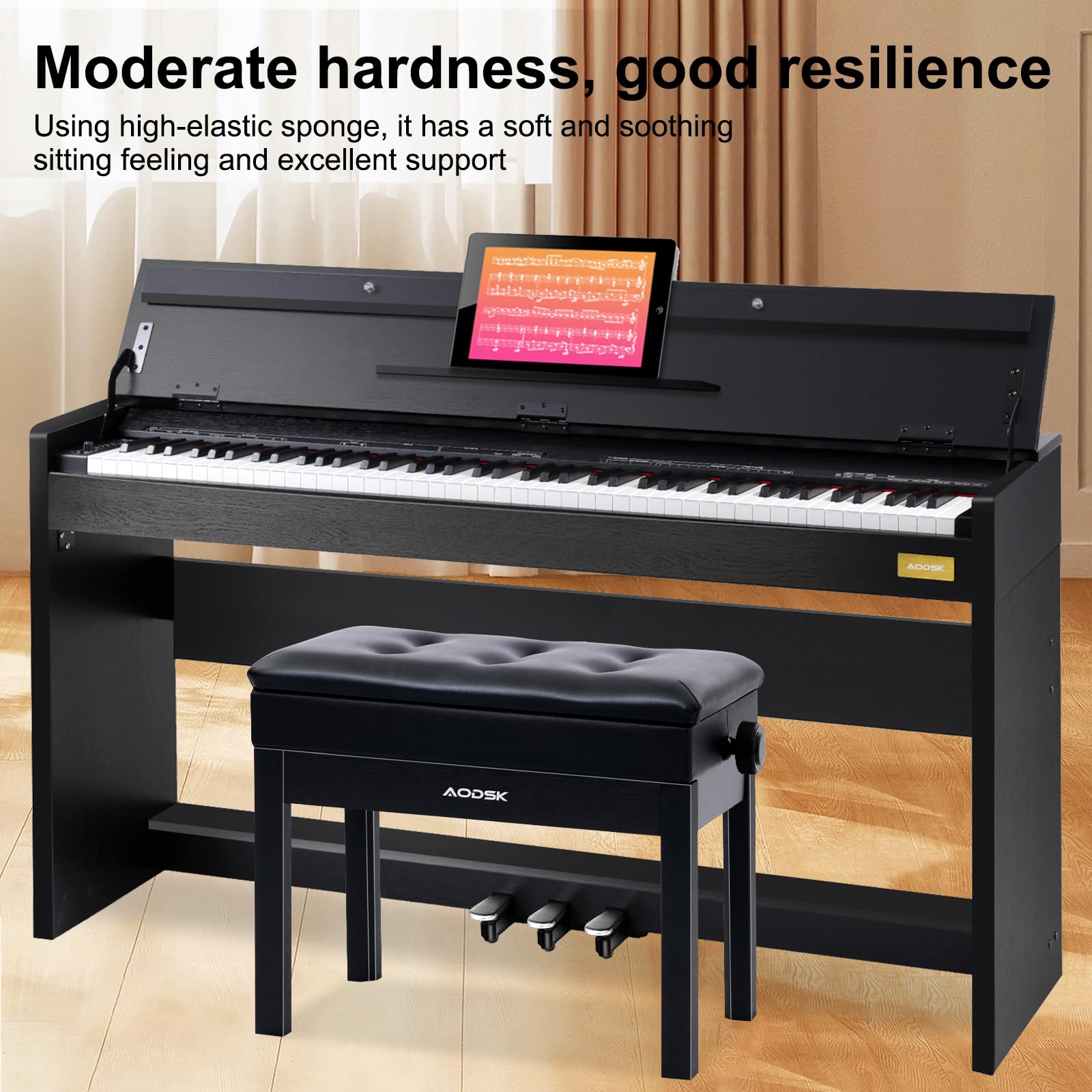 Adjustable Wooden Piano Bench with Storage - Black Padded Seat, Sheet Music Compartment (22.05