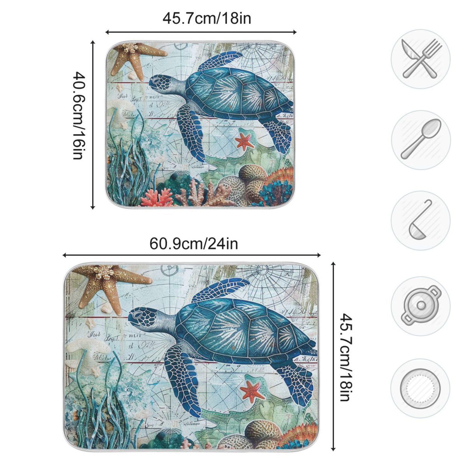 Ocean Sea Turtle Dish Drying Mat - 16x18in Absorbent Microfiber for Kitchen Counter - Fast Dry for Dishes & Utensils