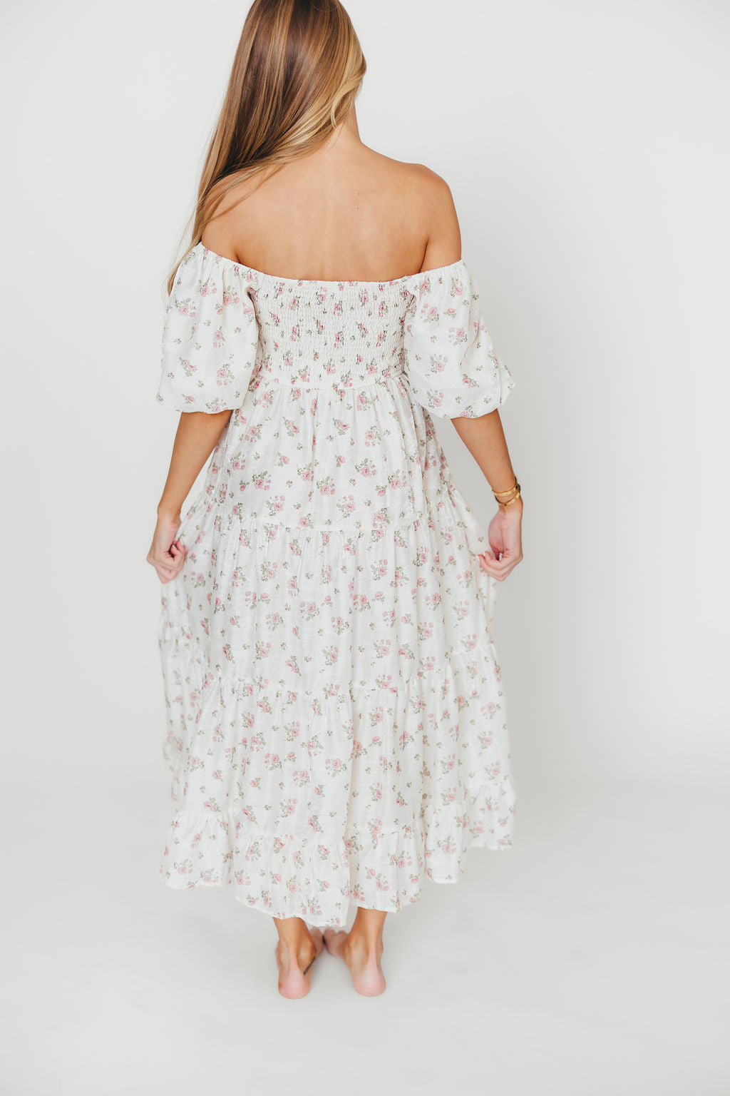 Mia Midi Dress in Ivory & Pink Floral Print - Elegant Summer Dress for Women, Perfect for Weddings, Parties & Casual Outings