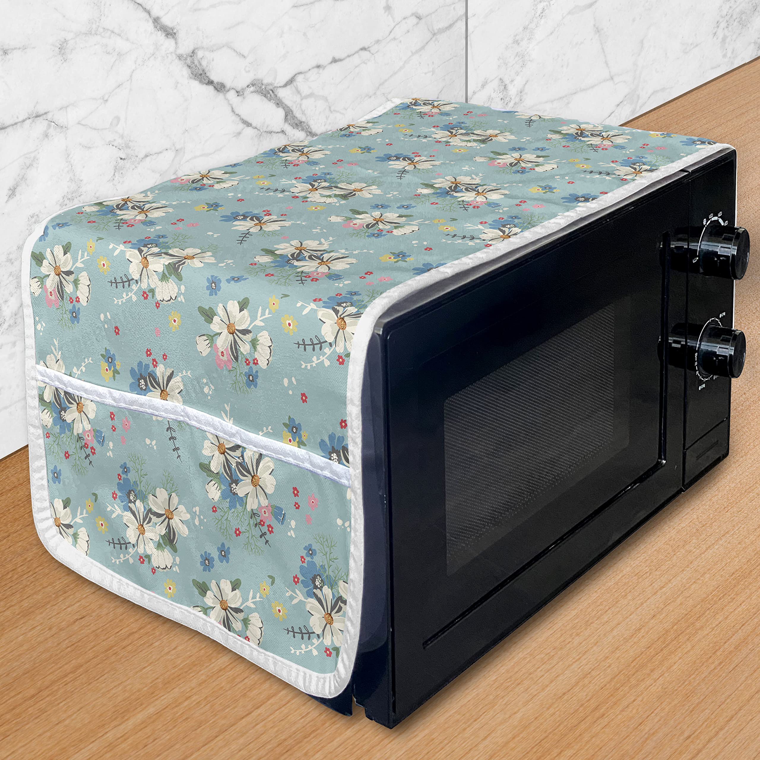 Ambesonne Vintage Floral Microwave Cover - Waterproof Kitchen Organizer with Pockets, 36x12 Inch, Pale Teal & Multicolor Wild Meadow Flower Design - Perfect for Spring Decor & Small Appliance Protection