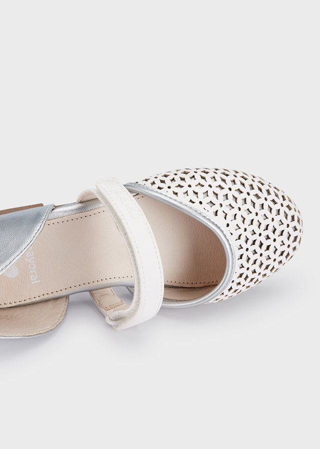 Mayoral D'orsay Flats for Girls - White Silver Comfortable Ballet Shoes for School, Party & Special Occasions