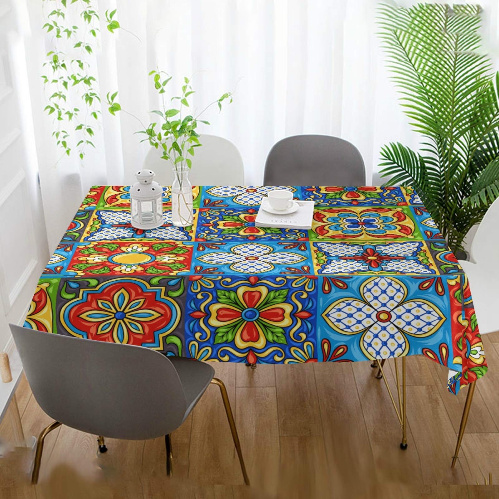 Qilmy Mexican Talavera Rectangle Tablecloth - Dust Proof, Anti-Wrinkle, Wipeable Table Cover for Kitchen, Dining, Wedding & Party Decor (54